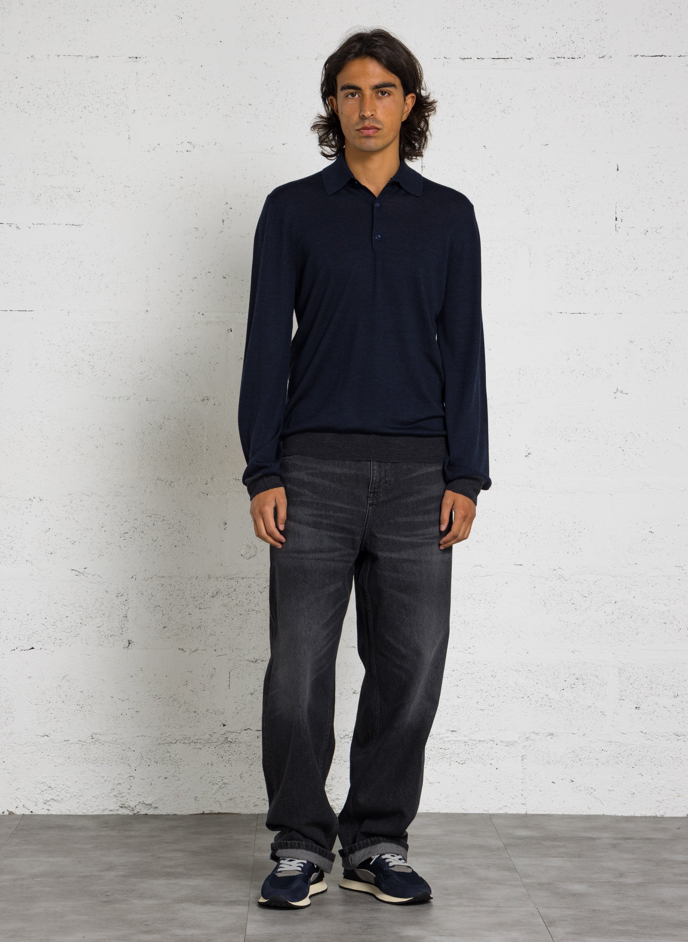 Polo manches longues en laine MAJESTIC FILATURES Bleu