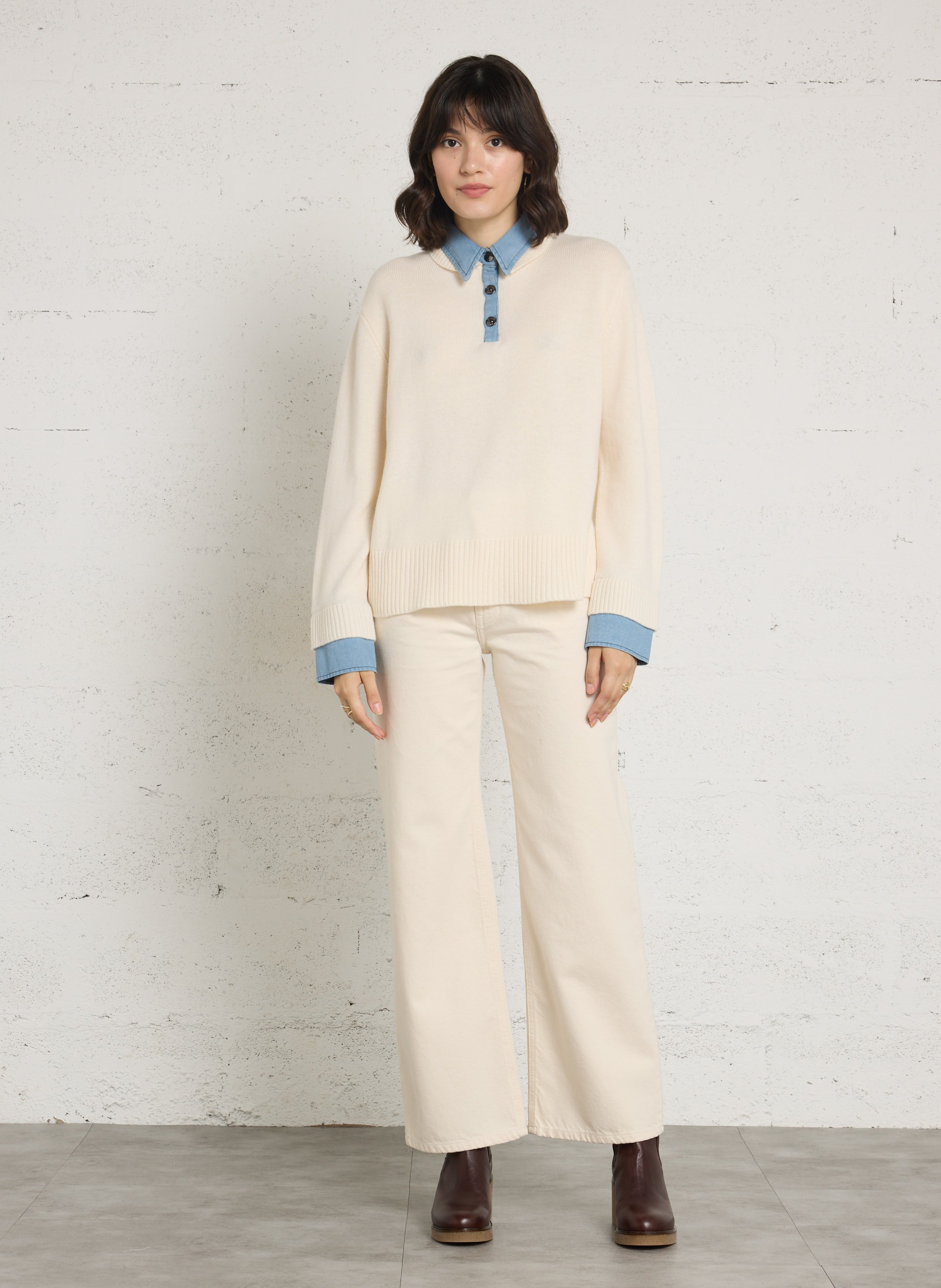 Pull droit col classique en laine BERENICE Blanc