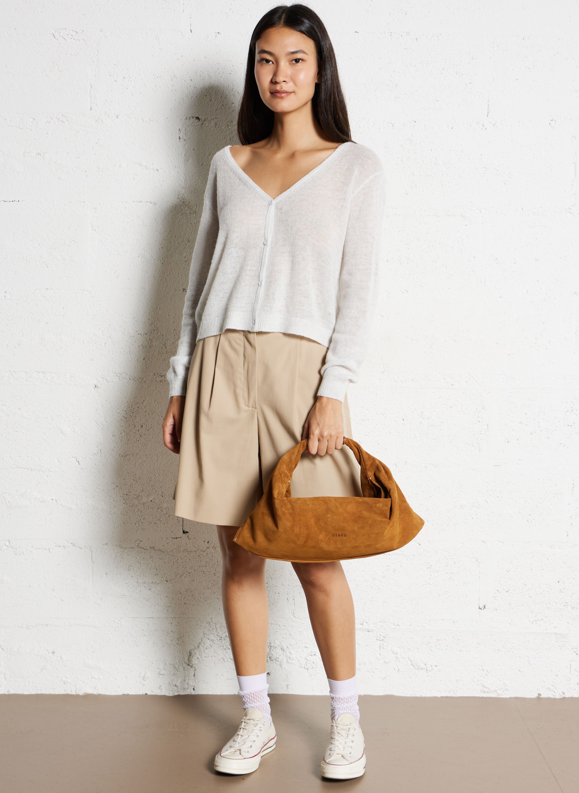 Velvet leather handbag STAUD Brown