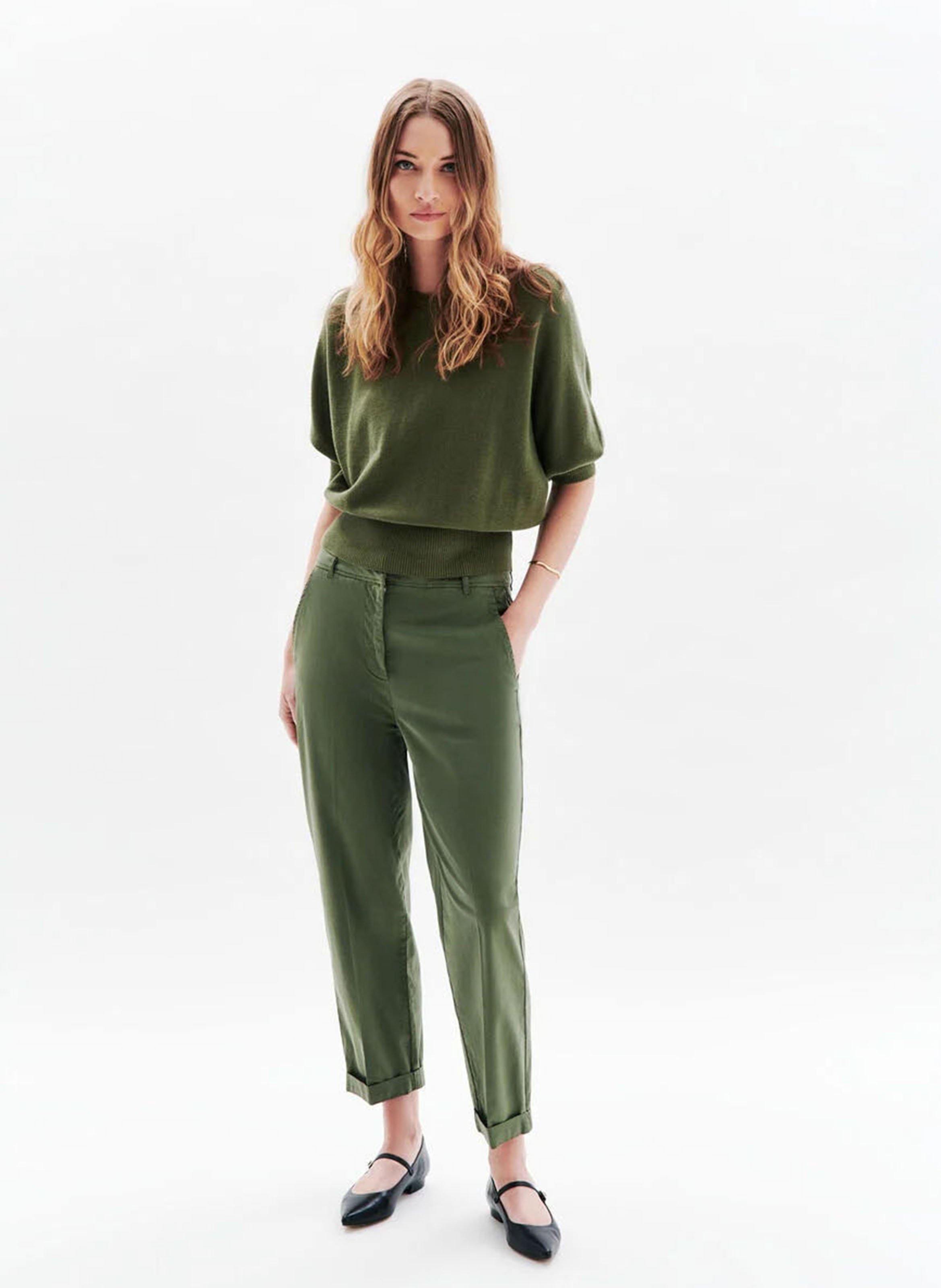 Oversize-Baumwollpullover mit U-Boot-Ausschnitt Grun