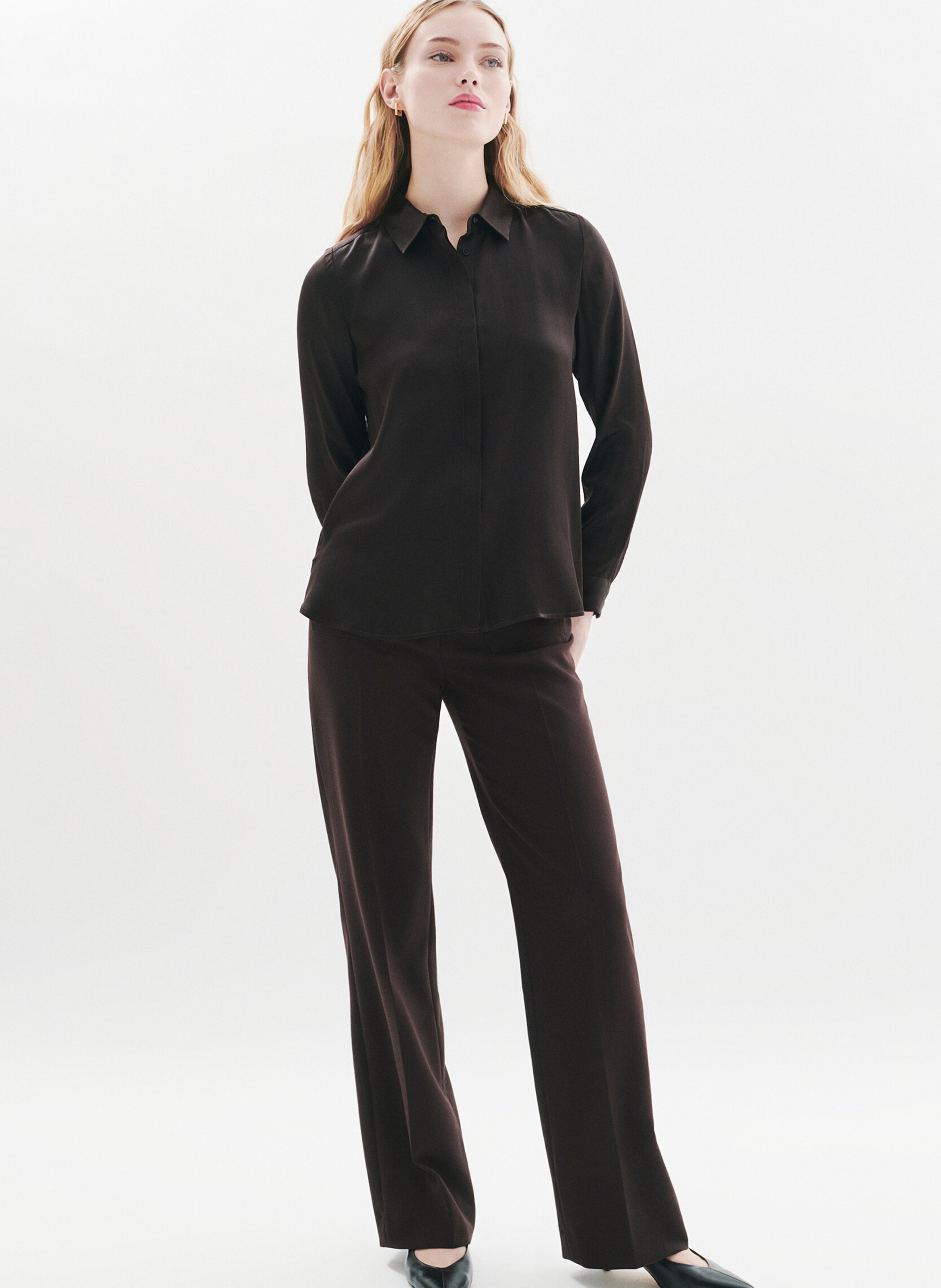 Chemise en soie col classique CAROLL Marron