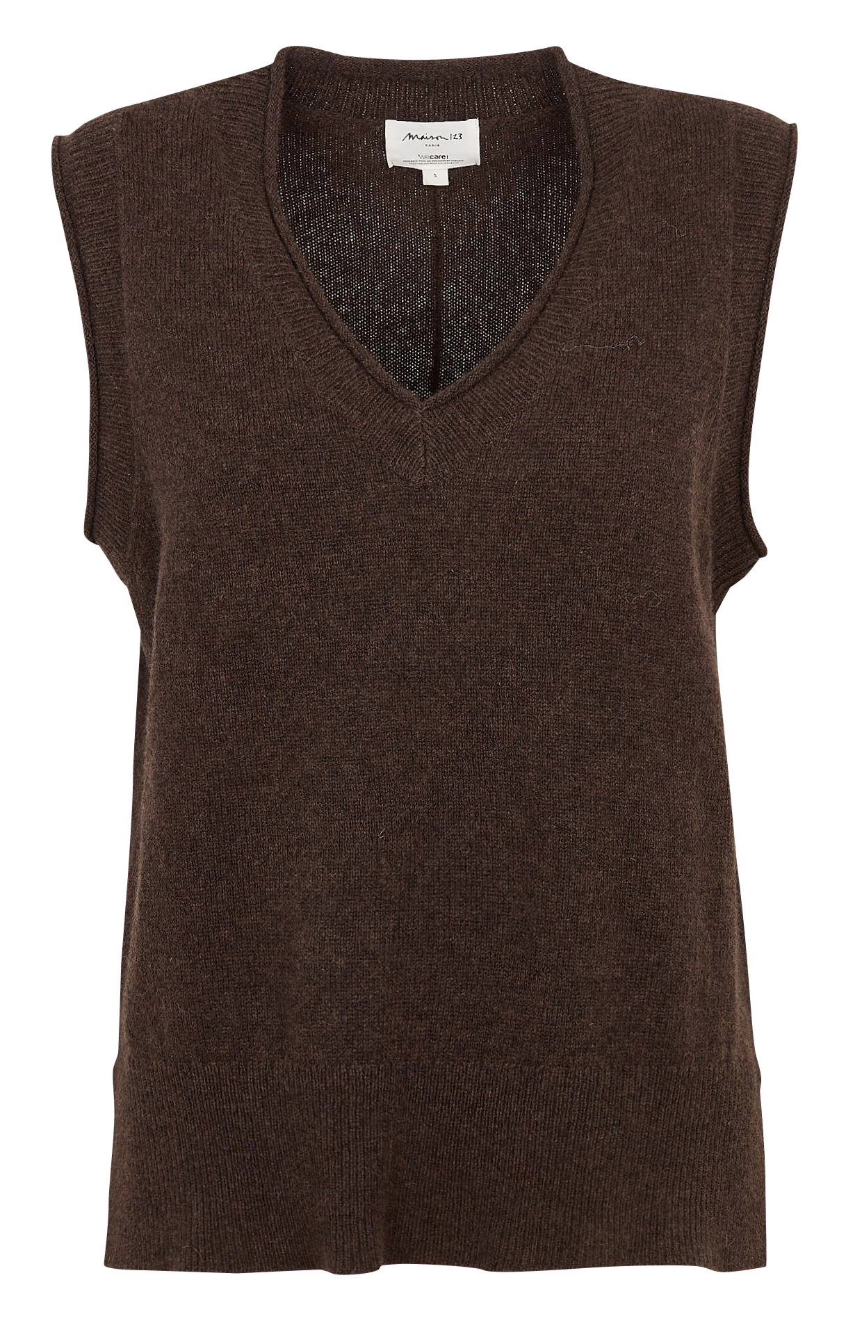 Pull col V sans manches uni en laine MAISON 123 Marron