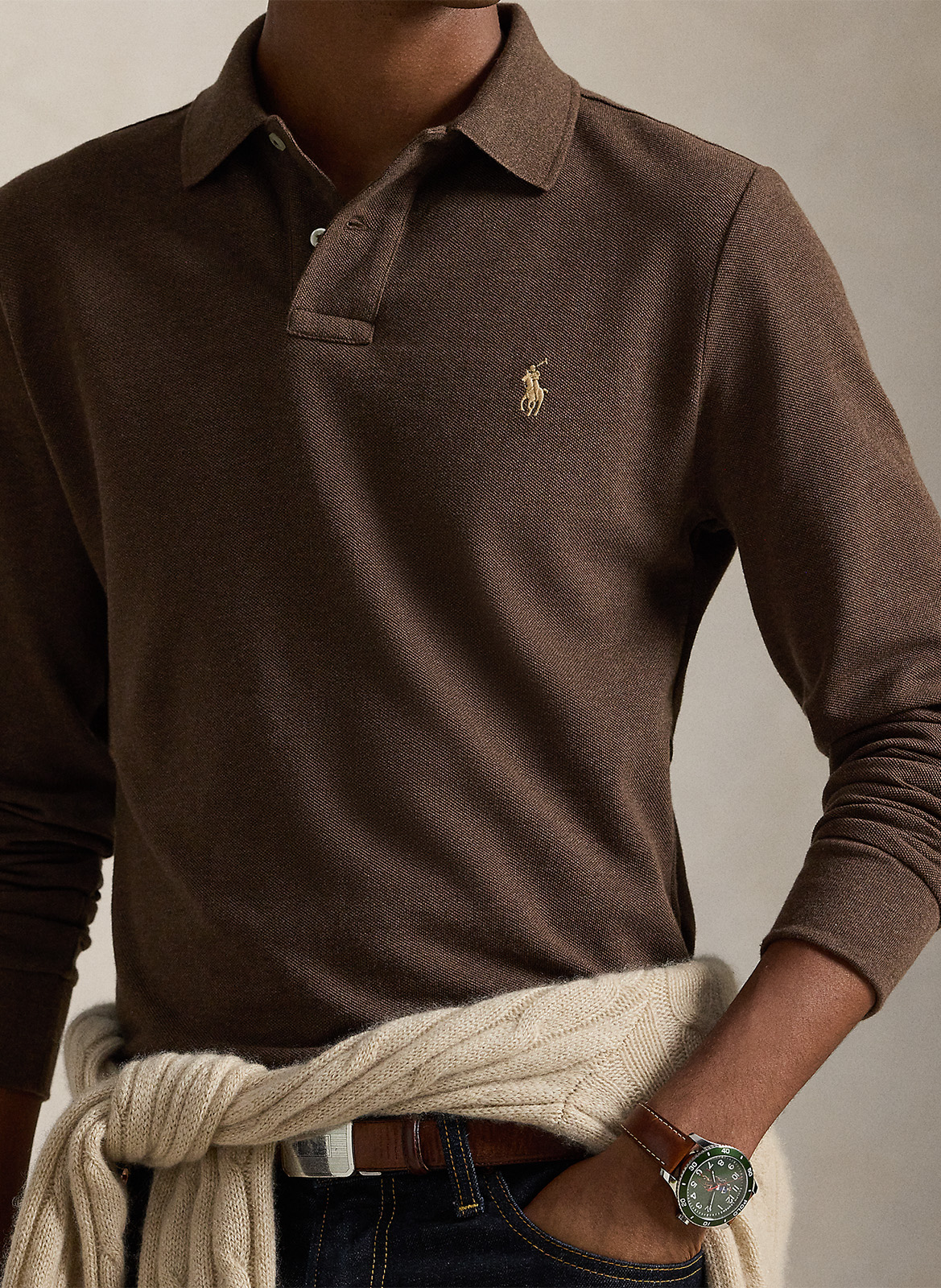 Regular-fit cotton piqué polo shirt with long sleeves POLO RALPH LAUREN Brown