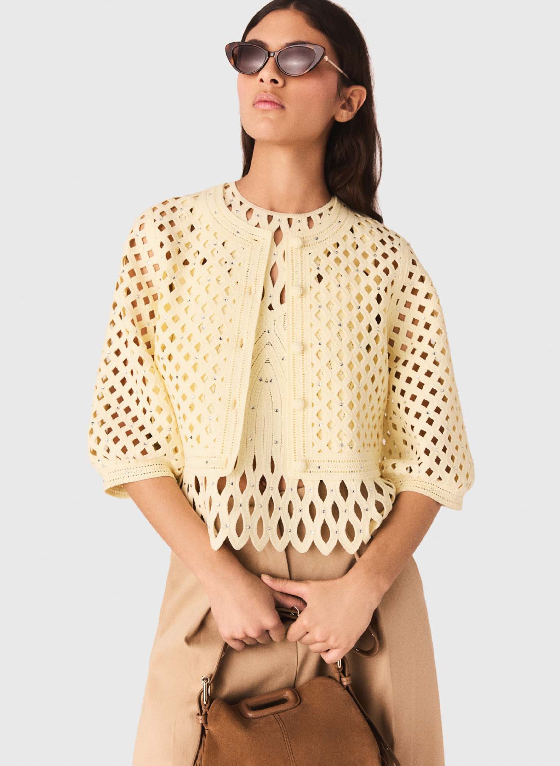 Gilet droit col rond en maille ajourée MAJE