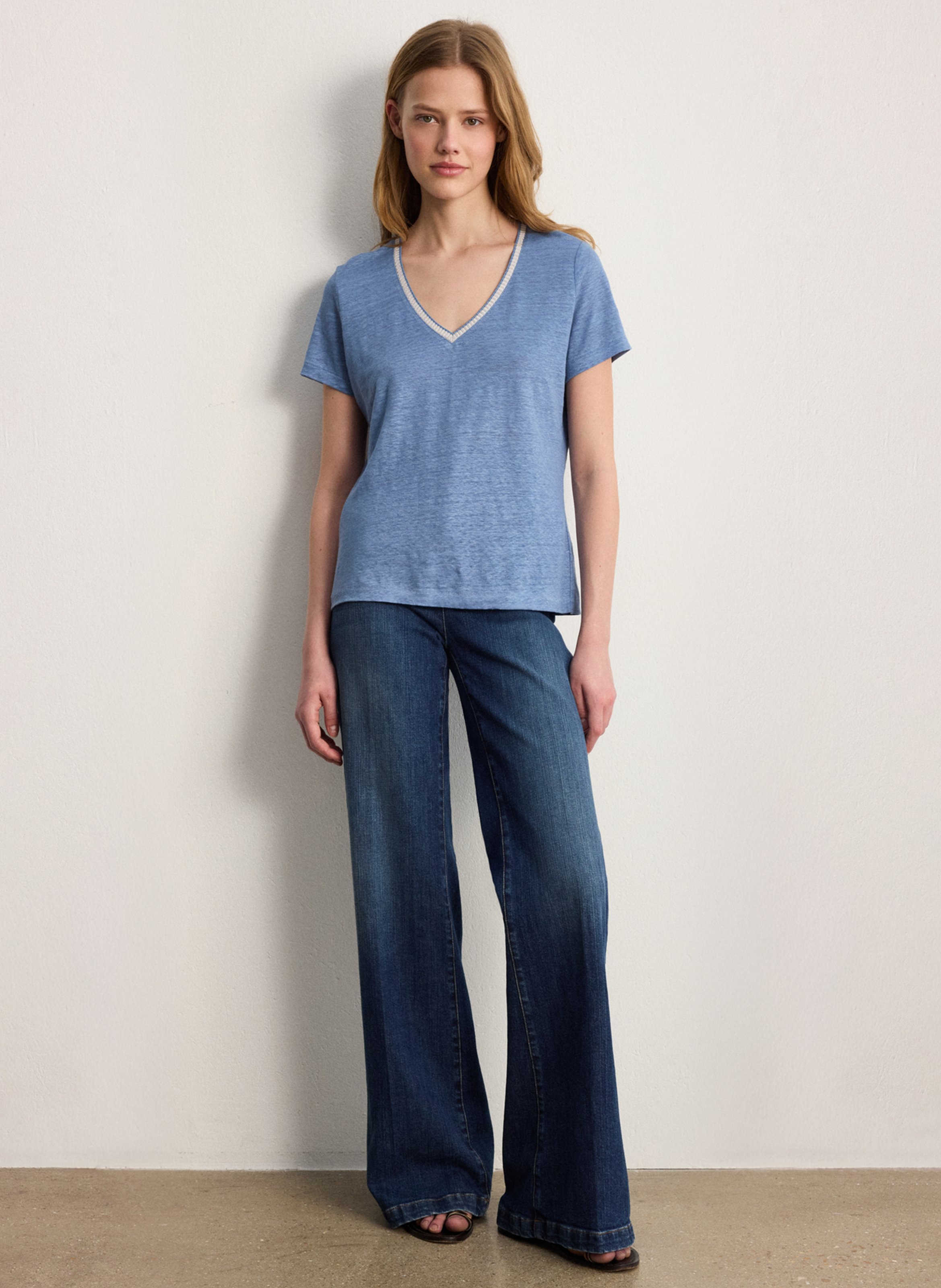 Tee-shirt droit col V en lin PABLO Bleu