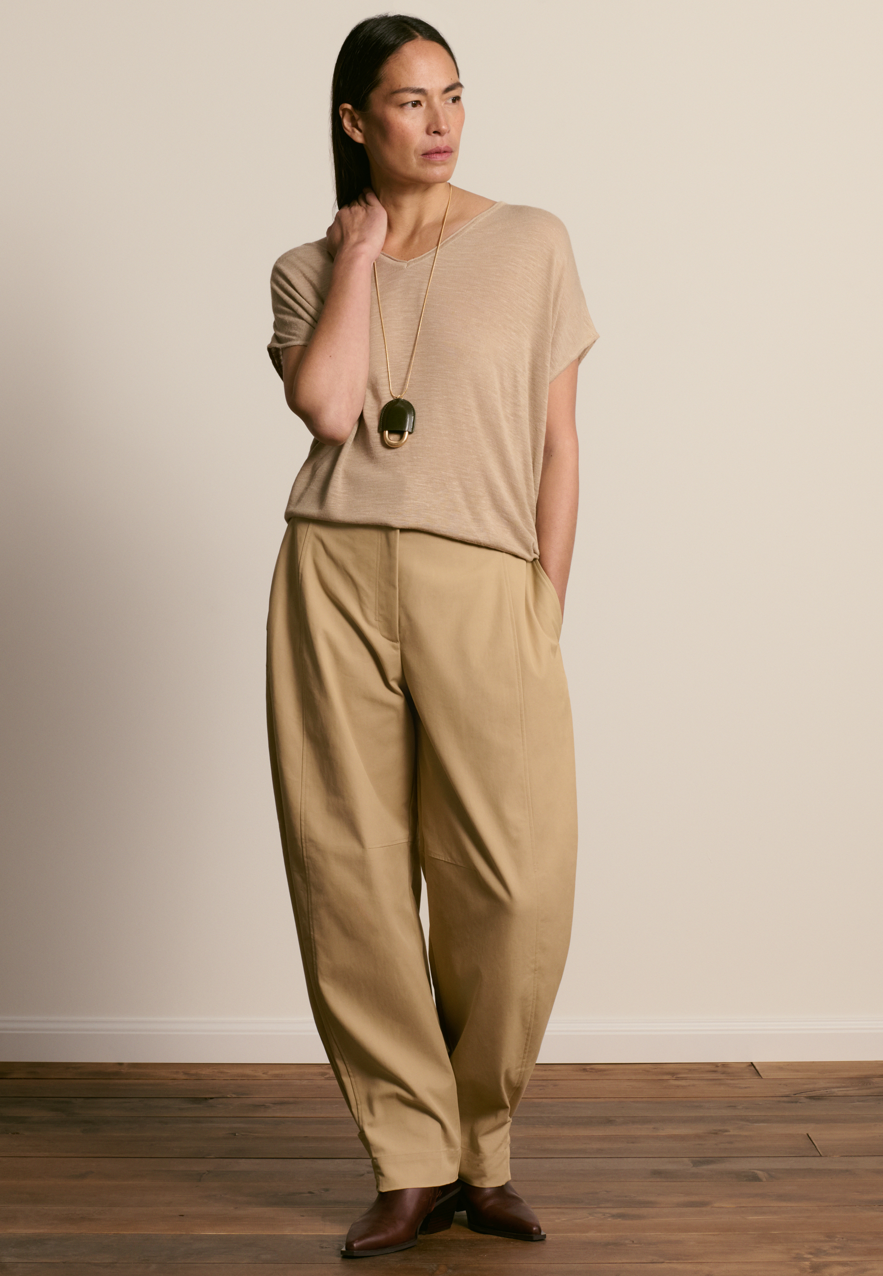 T-shirt col v en lin flammé MAISON MONTAGUT Marron