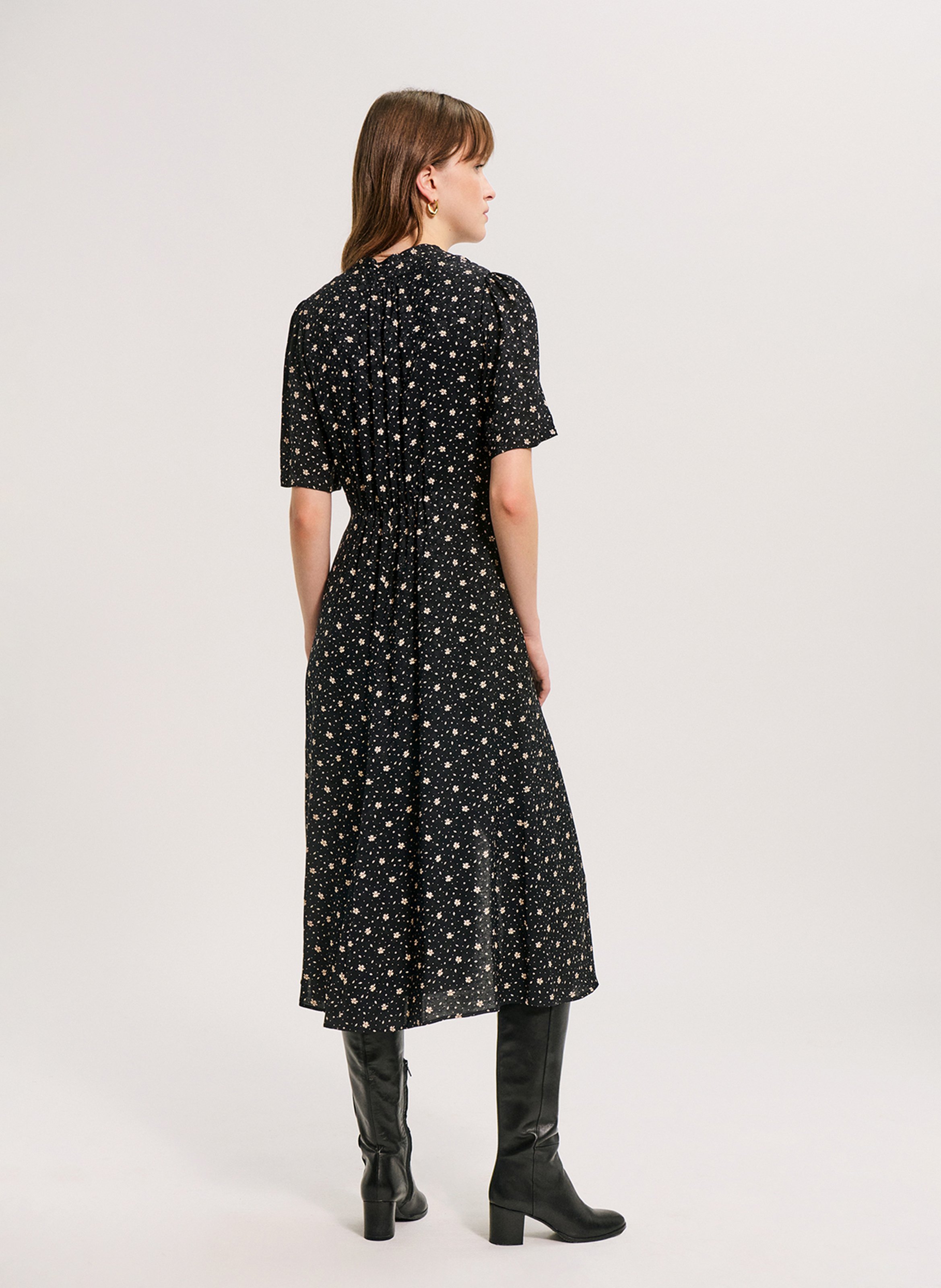 Robe midi col lavallière à motif fleuri PABLO Noir