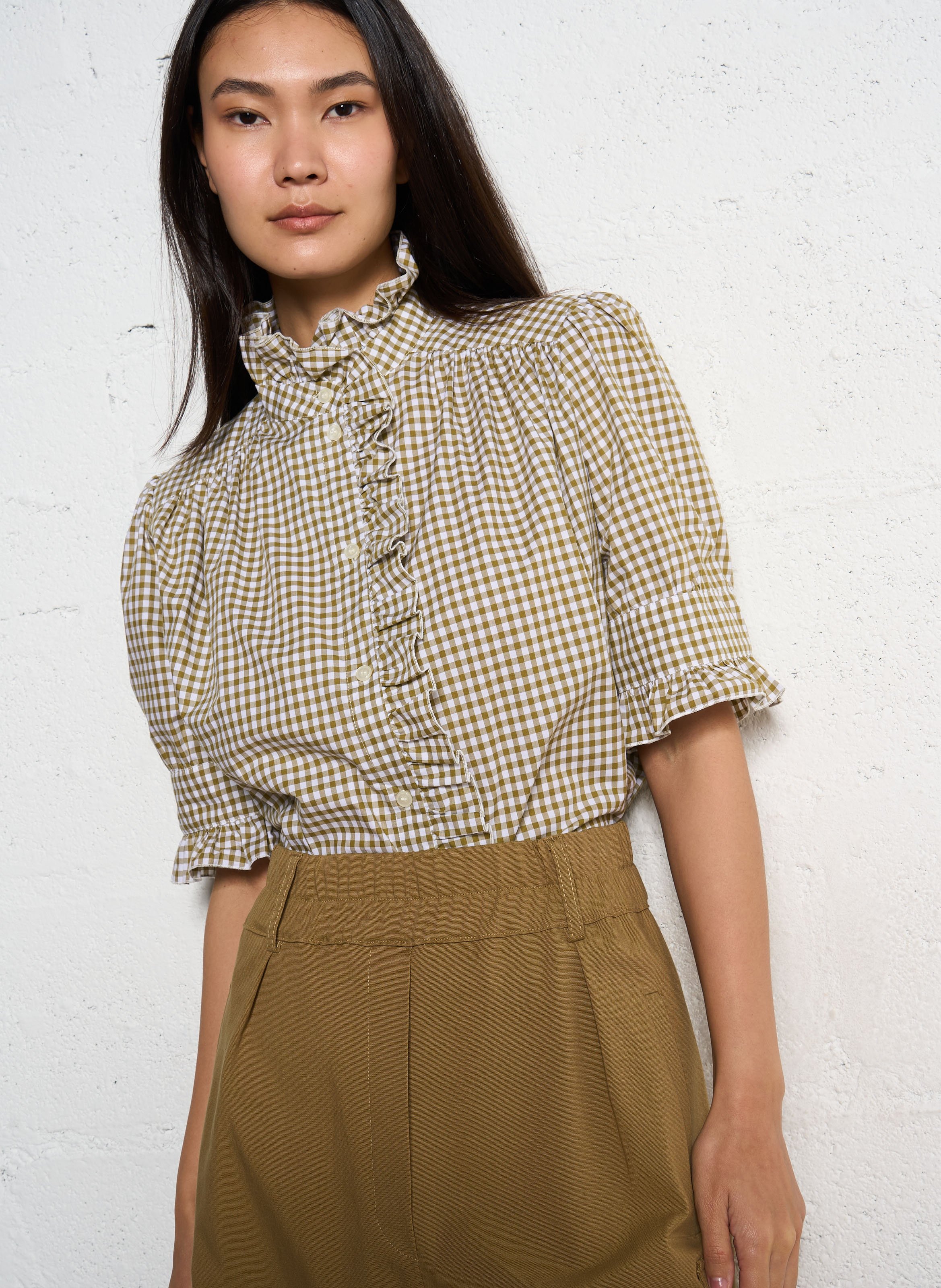 Geruite katoenen popeline top met rechte pasvorm SUZIE WINKLE Kaki