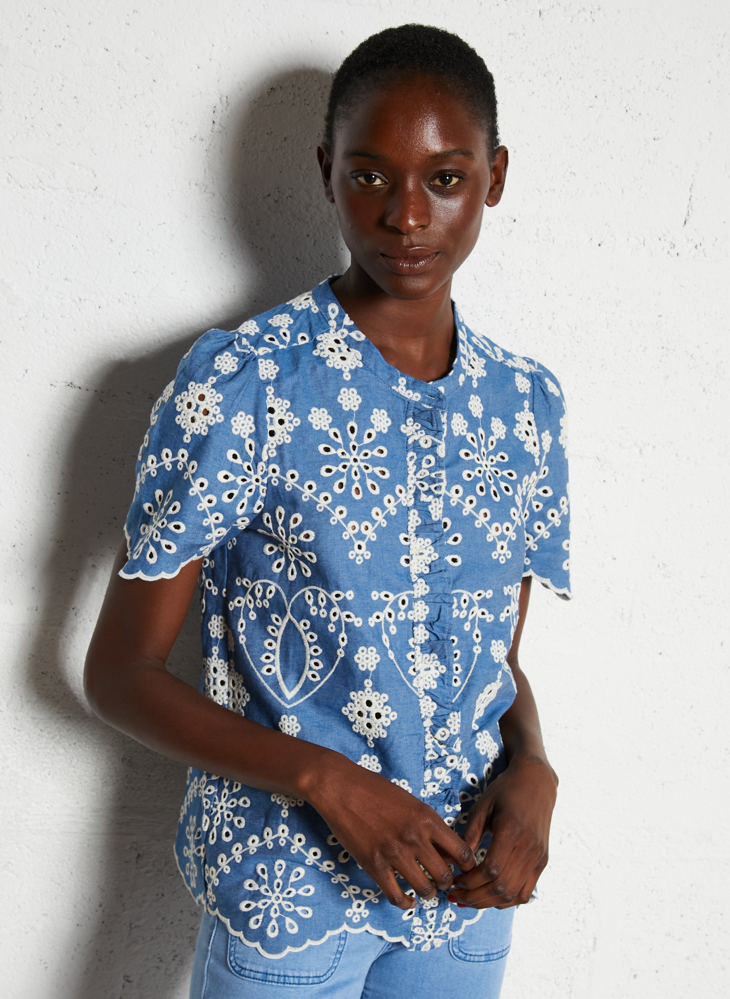 Chemise droite col rond en coton LA PETITE ETOILE Bleu