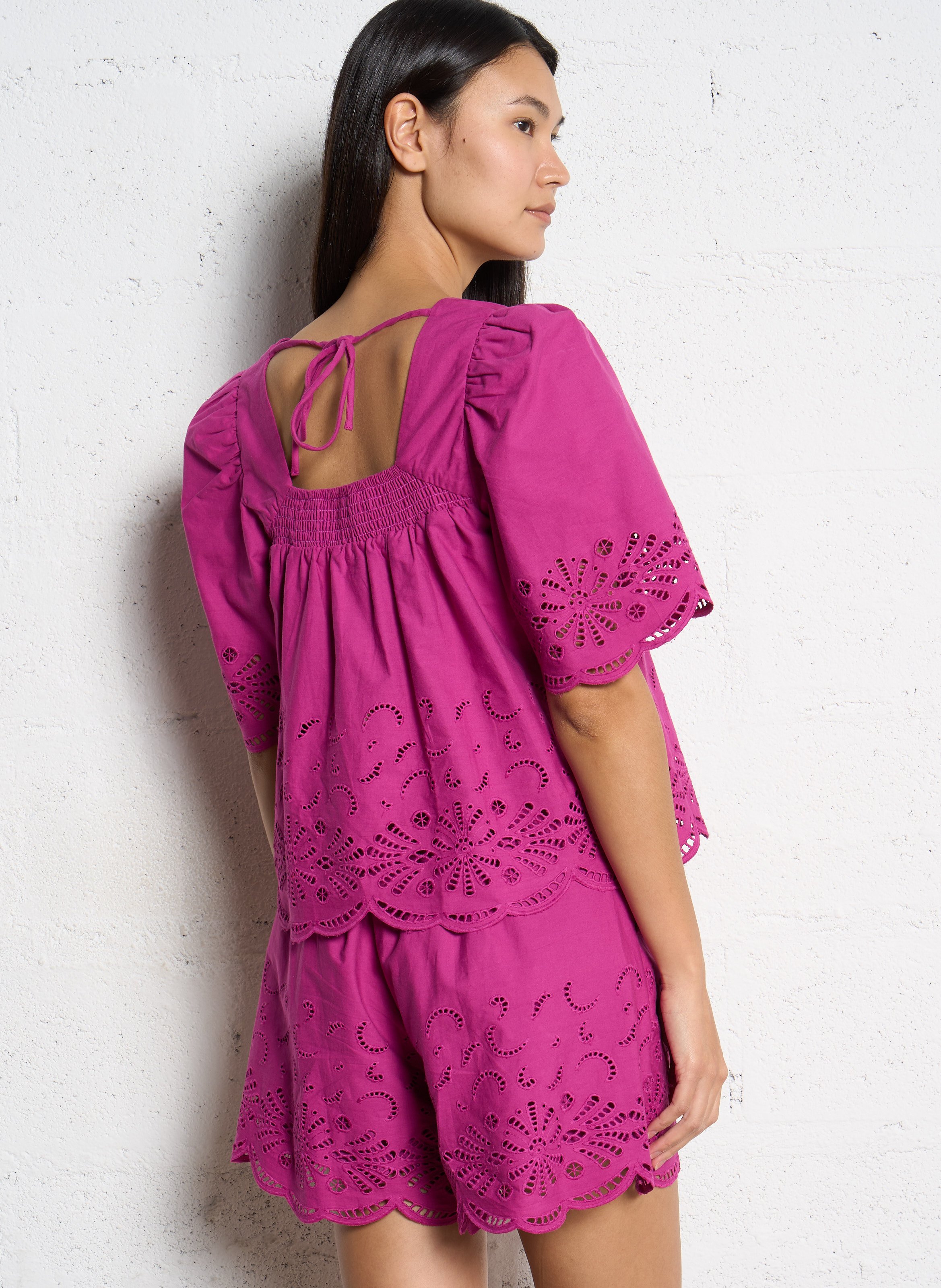 Blouse ample à dentelle unie SUNCOO Rose