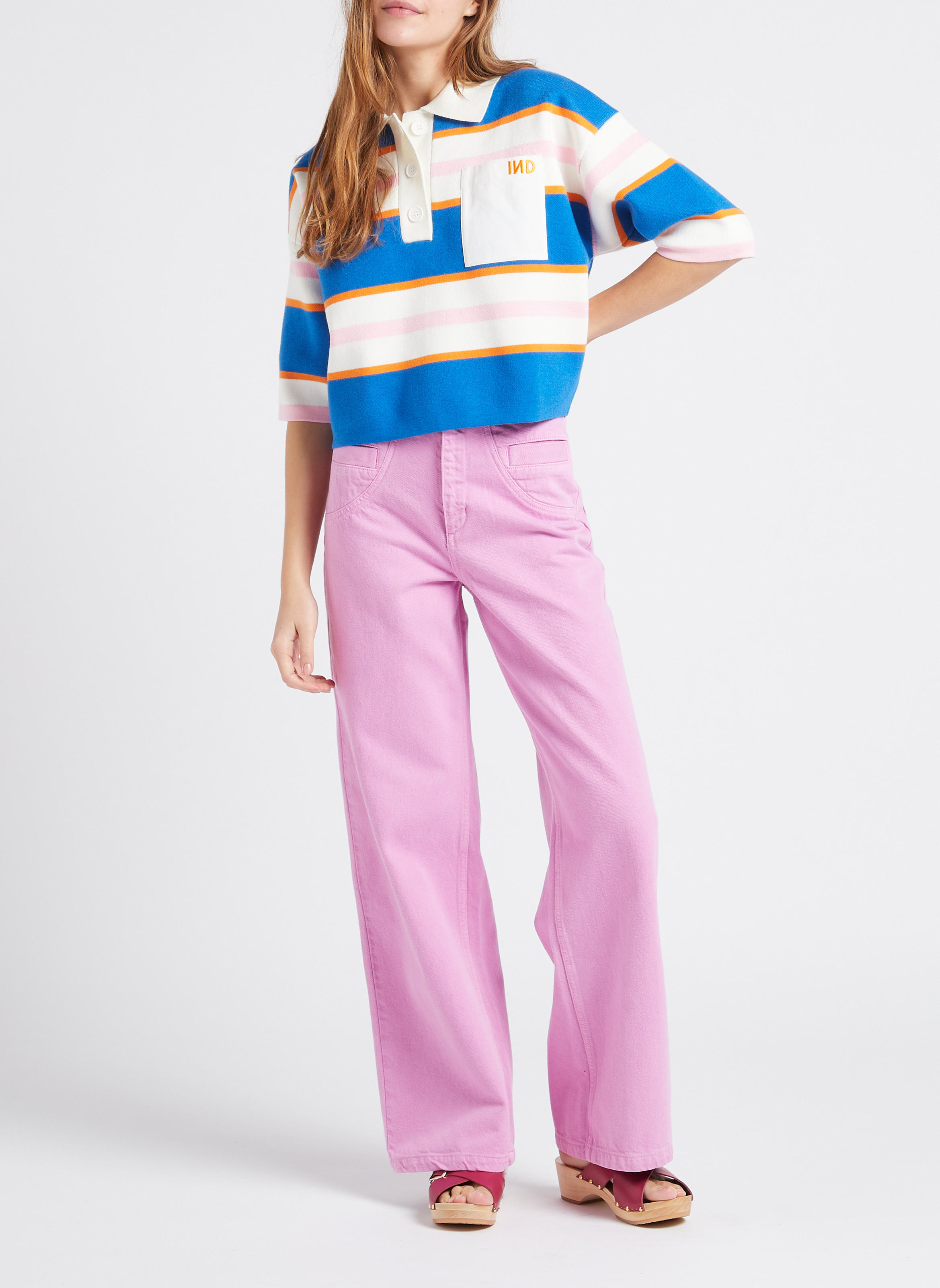 Gerade geschnittener Strickpullover mit klassischem Kragen und Streifen INDEE Blau