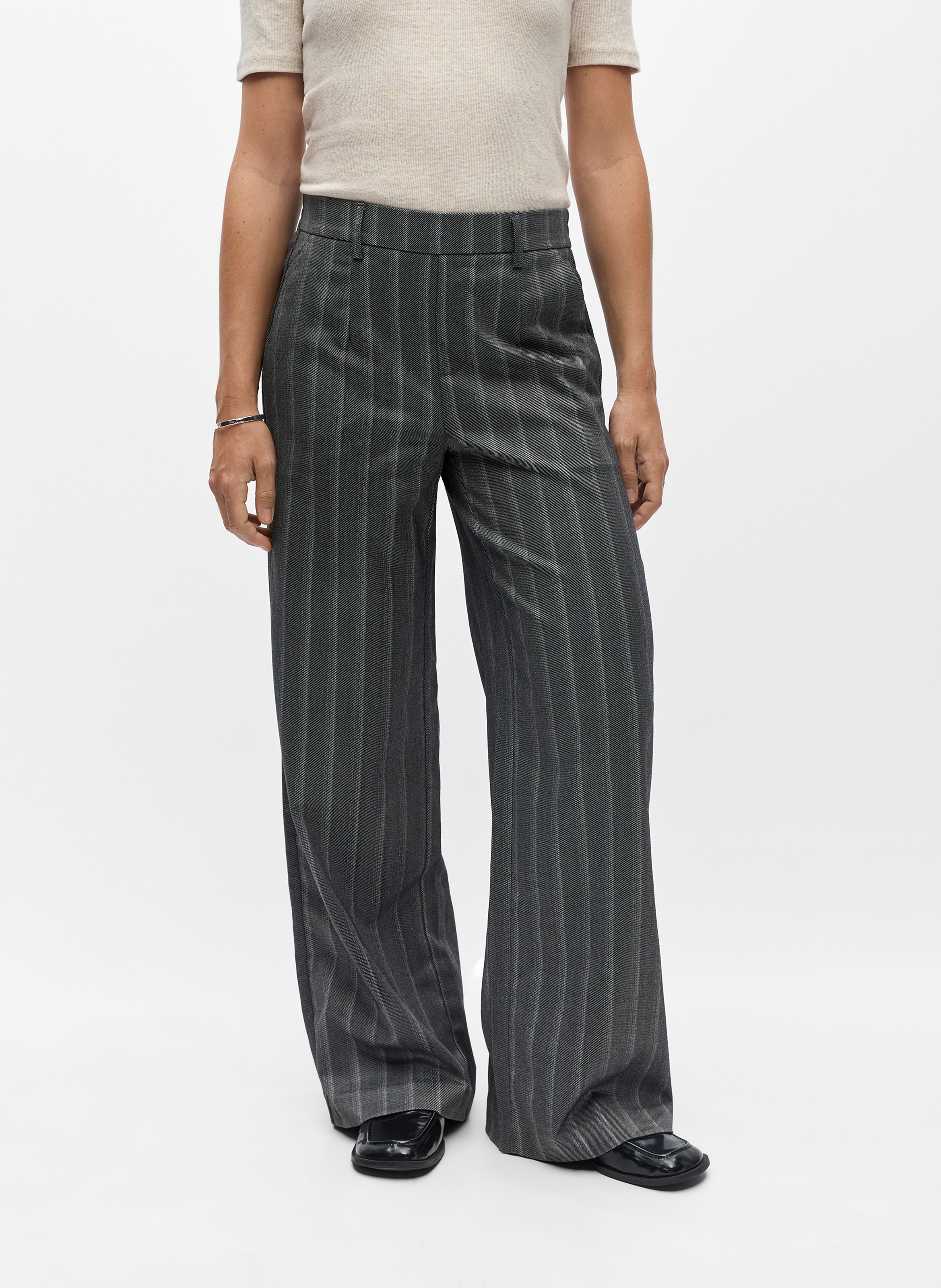 Straight high-waisted striped pants OBJECT Grey