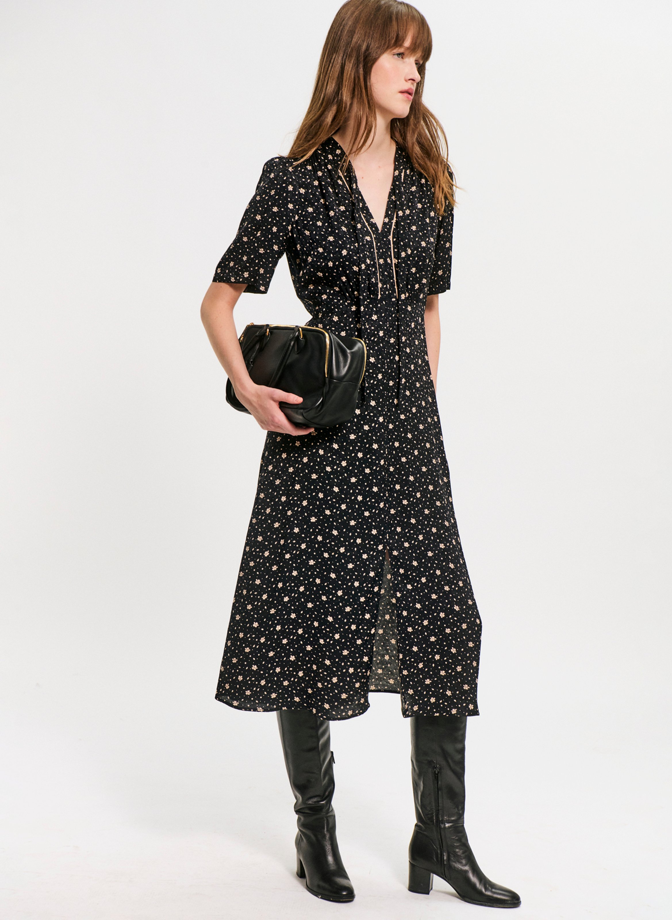Robe midi col lavallière à motif fleuri PABLO Noir
