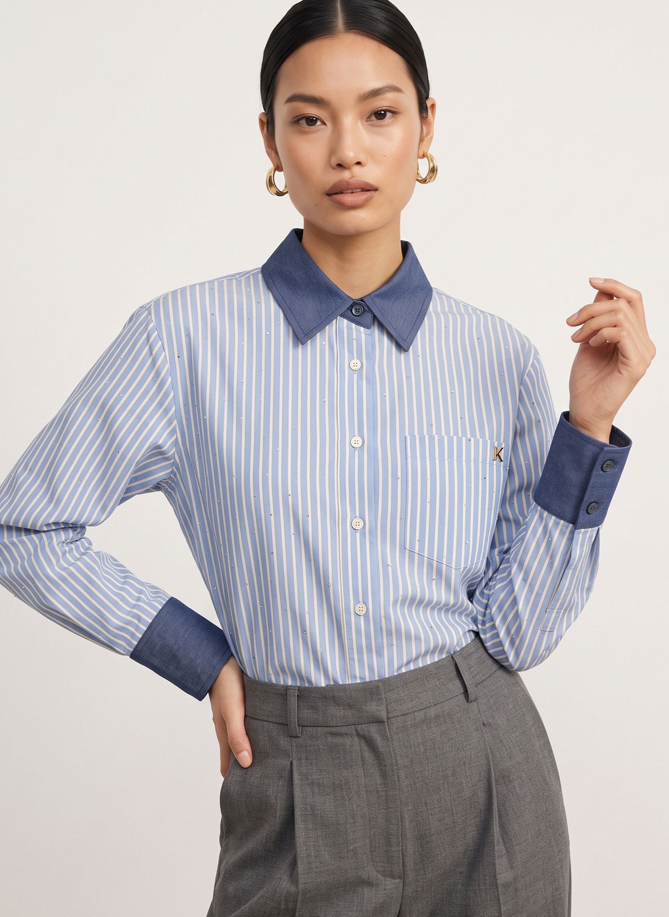 Chemise courte rayée à strass en coton mélangé KOOKAI Bleu