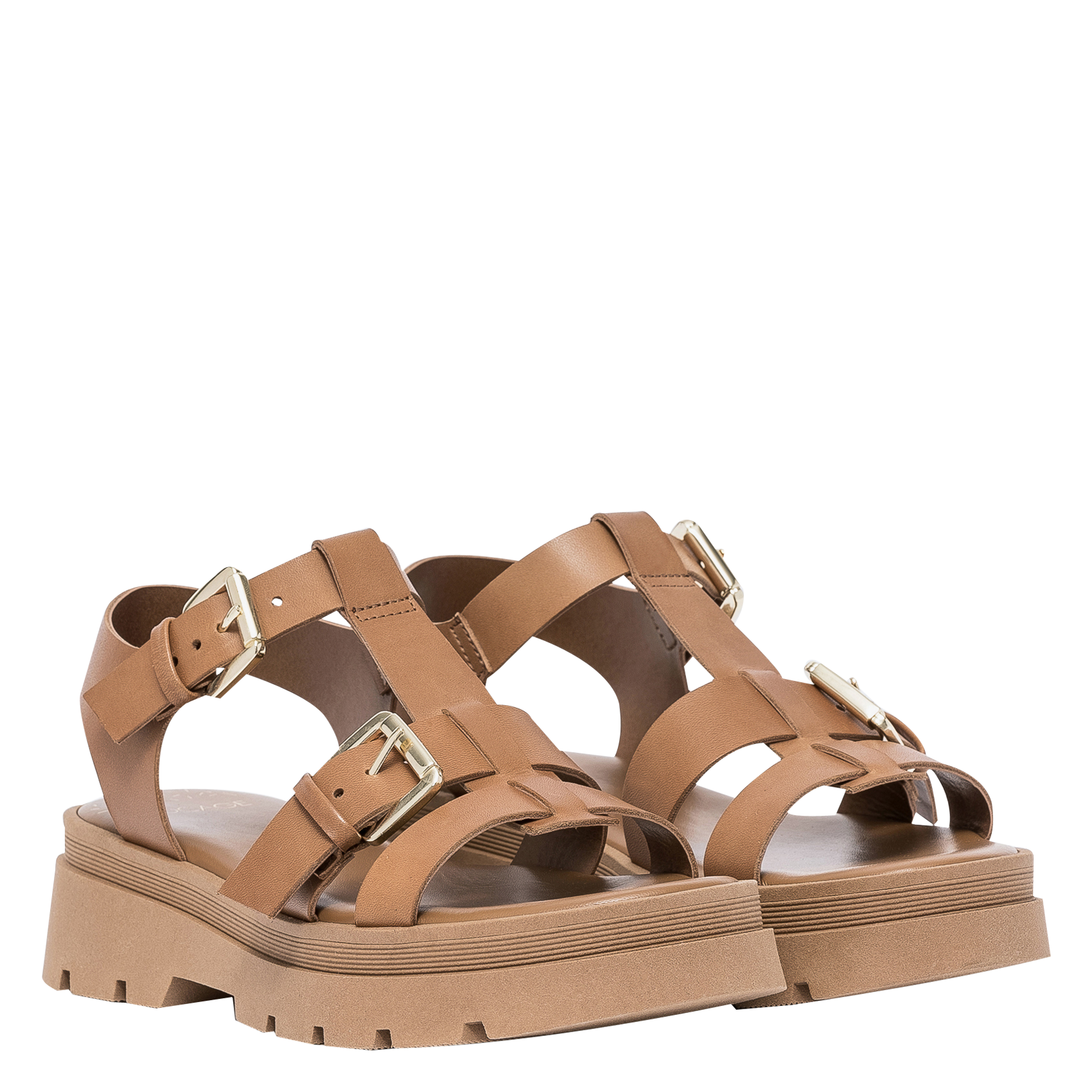 Flache Ledersandalen mit dicker Profilsohle BOCAGE Braun