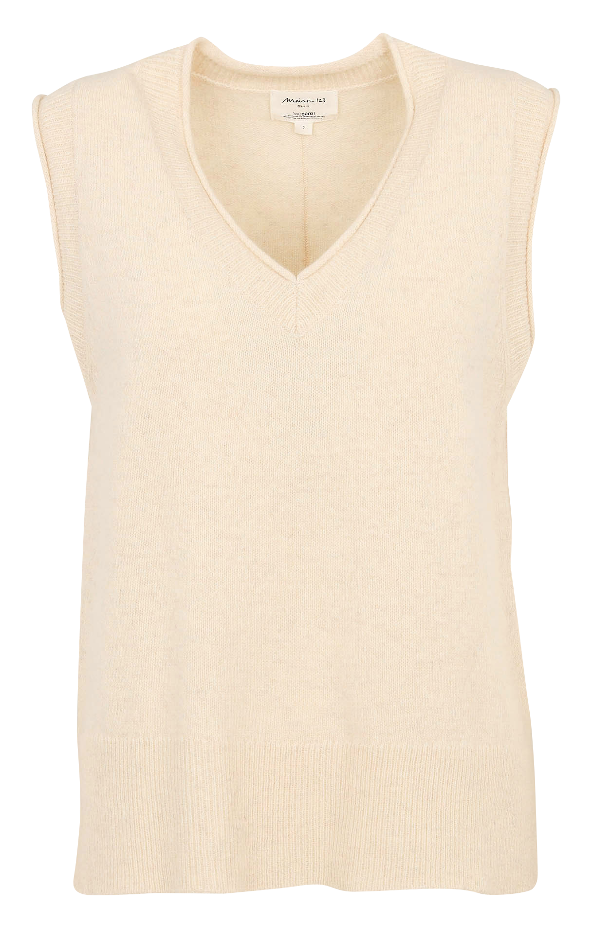 Pull col V sans manches uni en laine MAISON 123 Beige