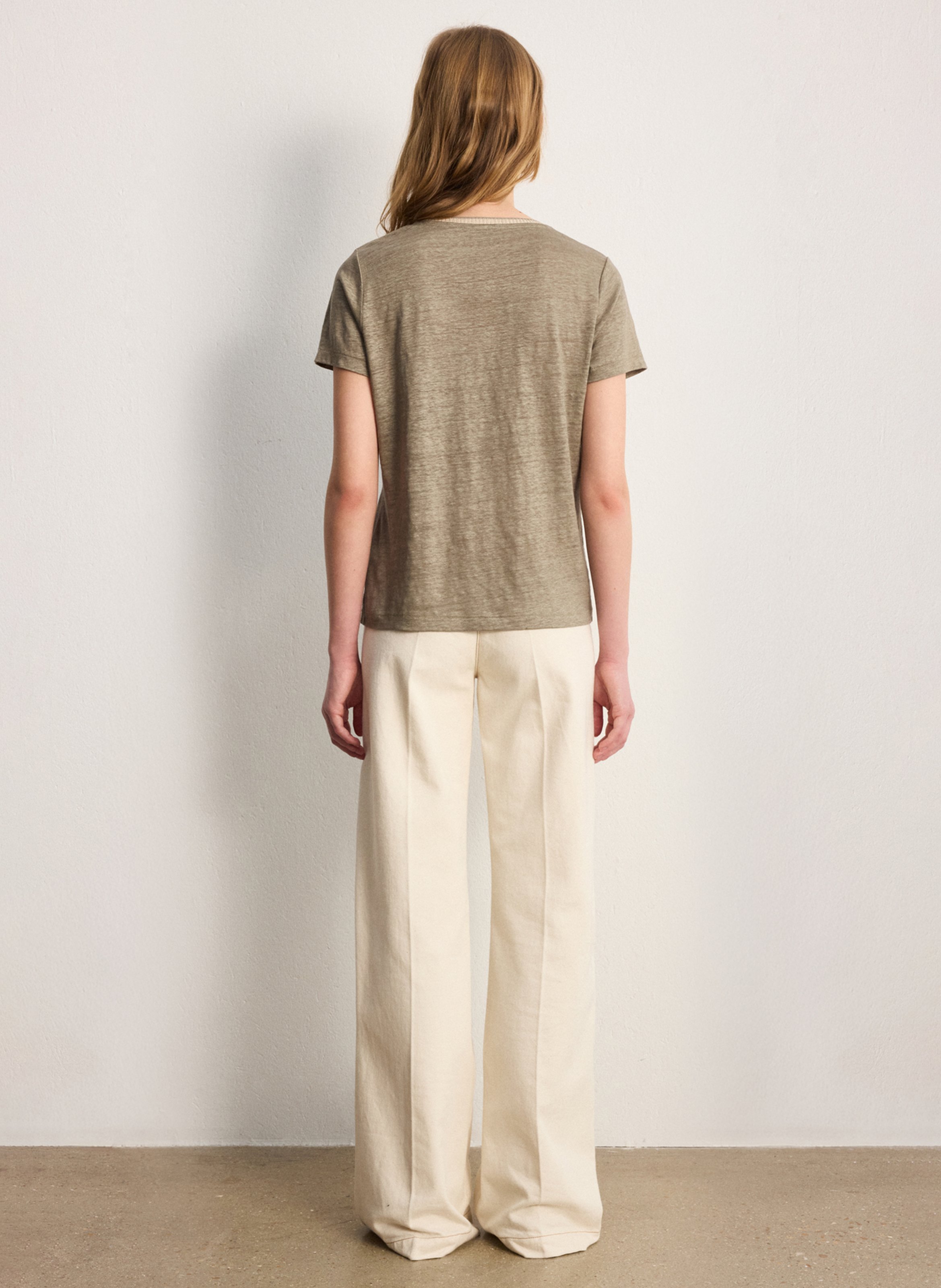 Tee-shirt droit col V en lin PABLO Kaki