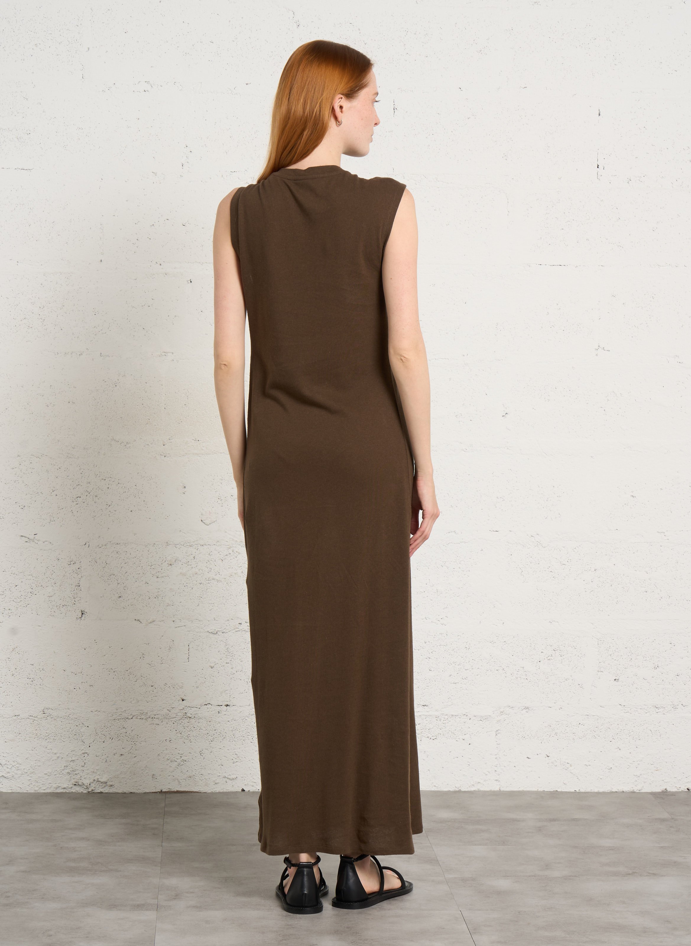 Long v-neck dress in blended cotton and linen MAJESTIC FILATURES Brown