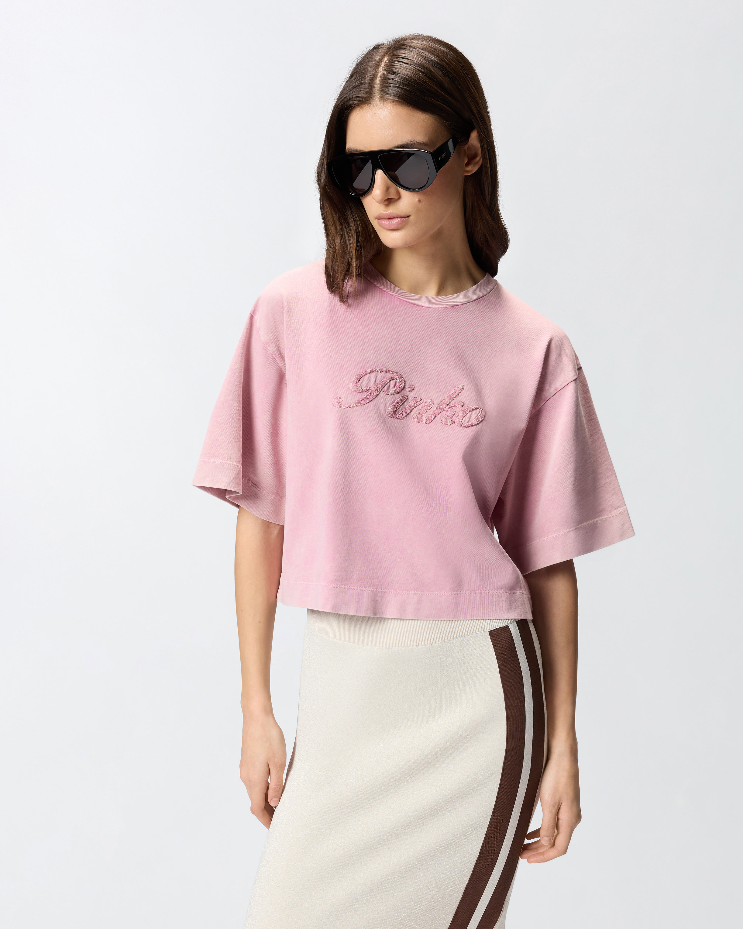 Distressed pinko cropped embroidered t-shirt PINKO Pink