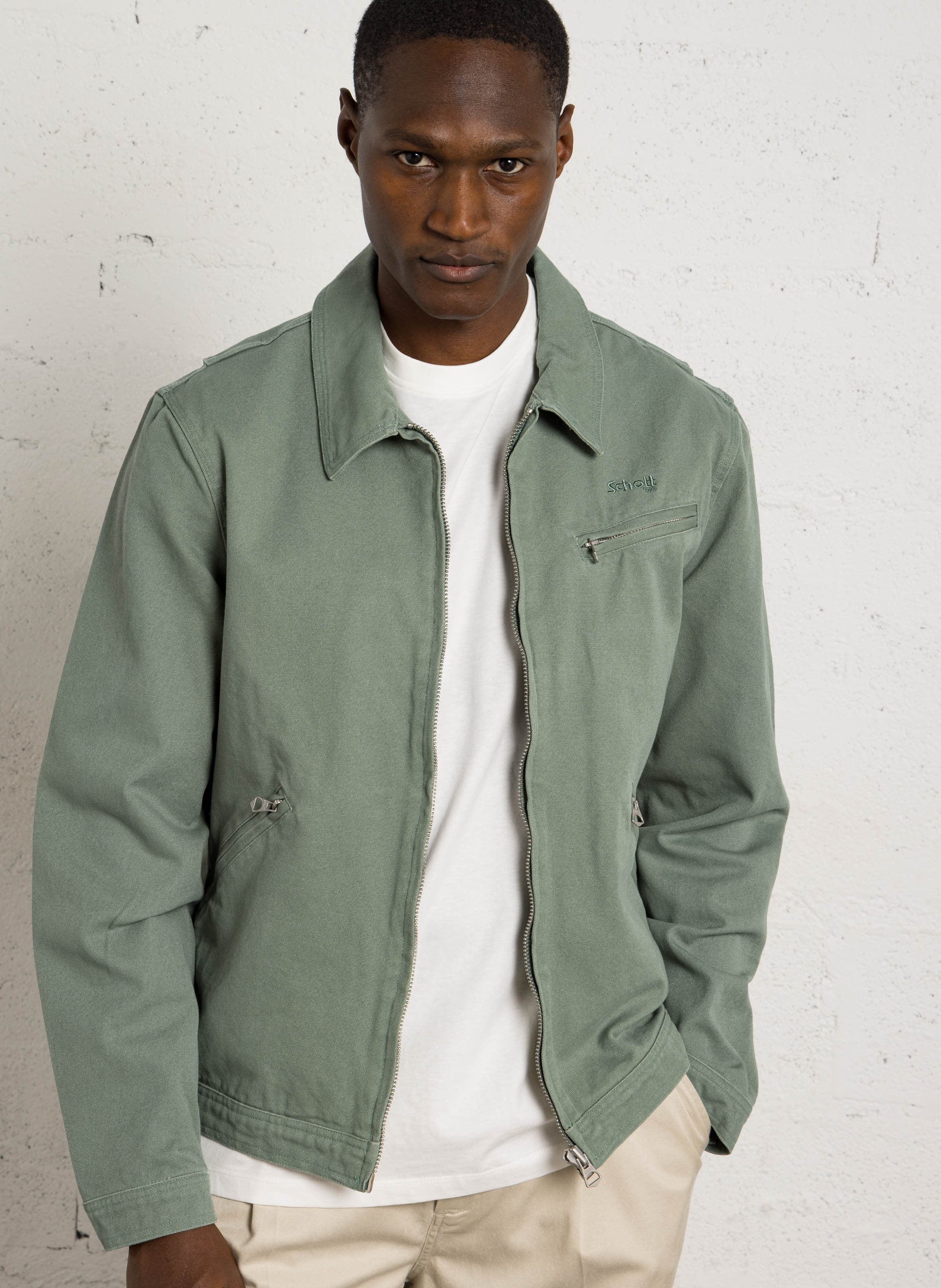 Gerader Reißverschluss-Blouson in einfarbiger Baumwolle SCHOTT Grun