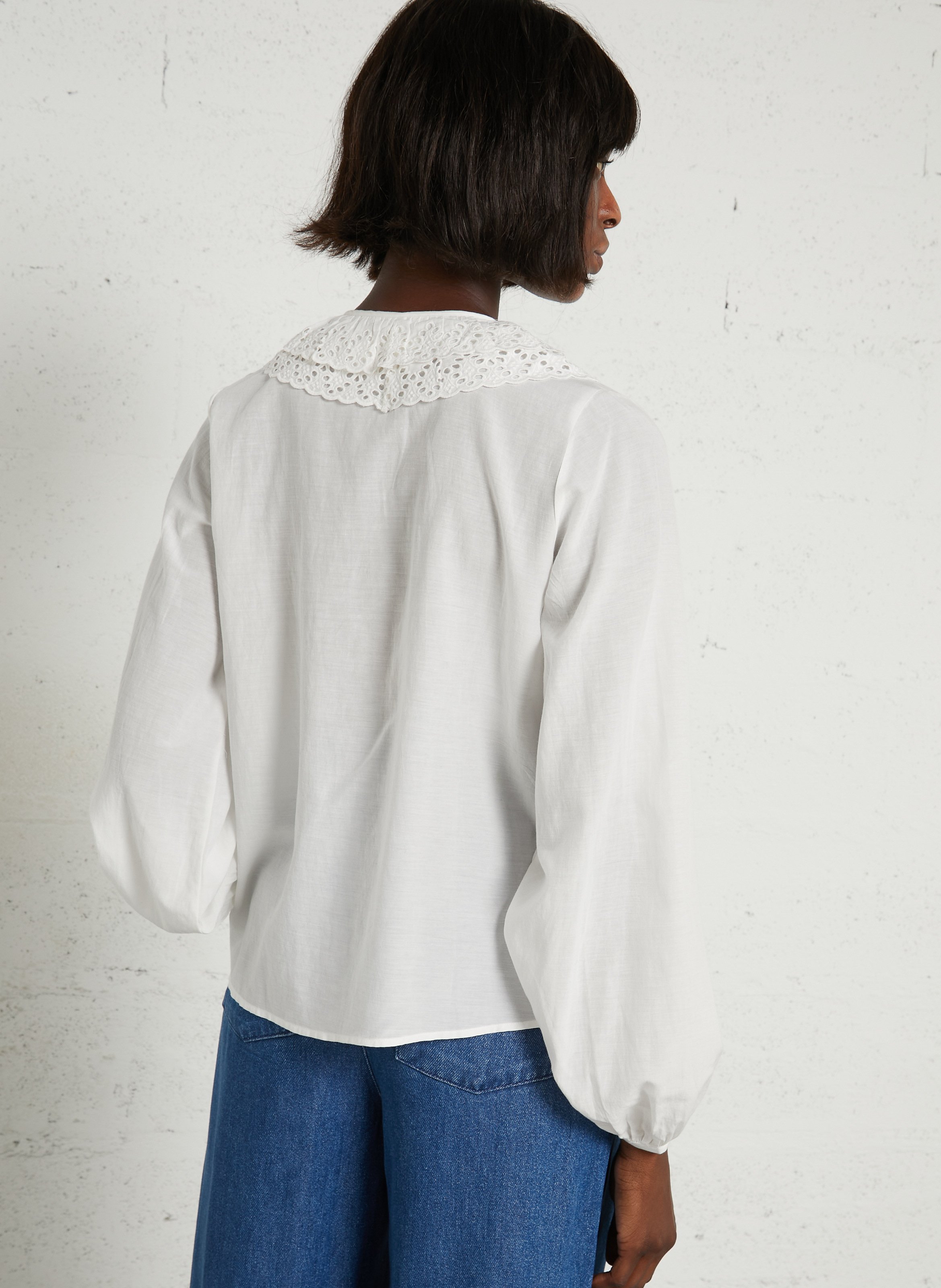 Blouse à encolure brodée en coton mélangé  DES PETITS HAUTS Beige