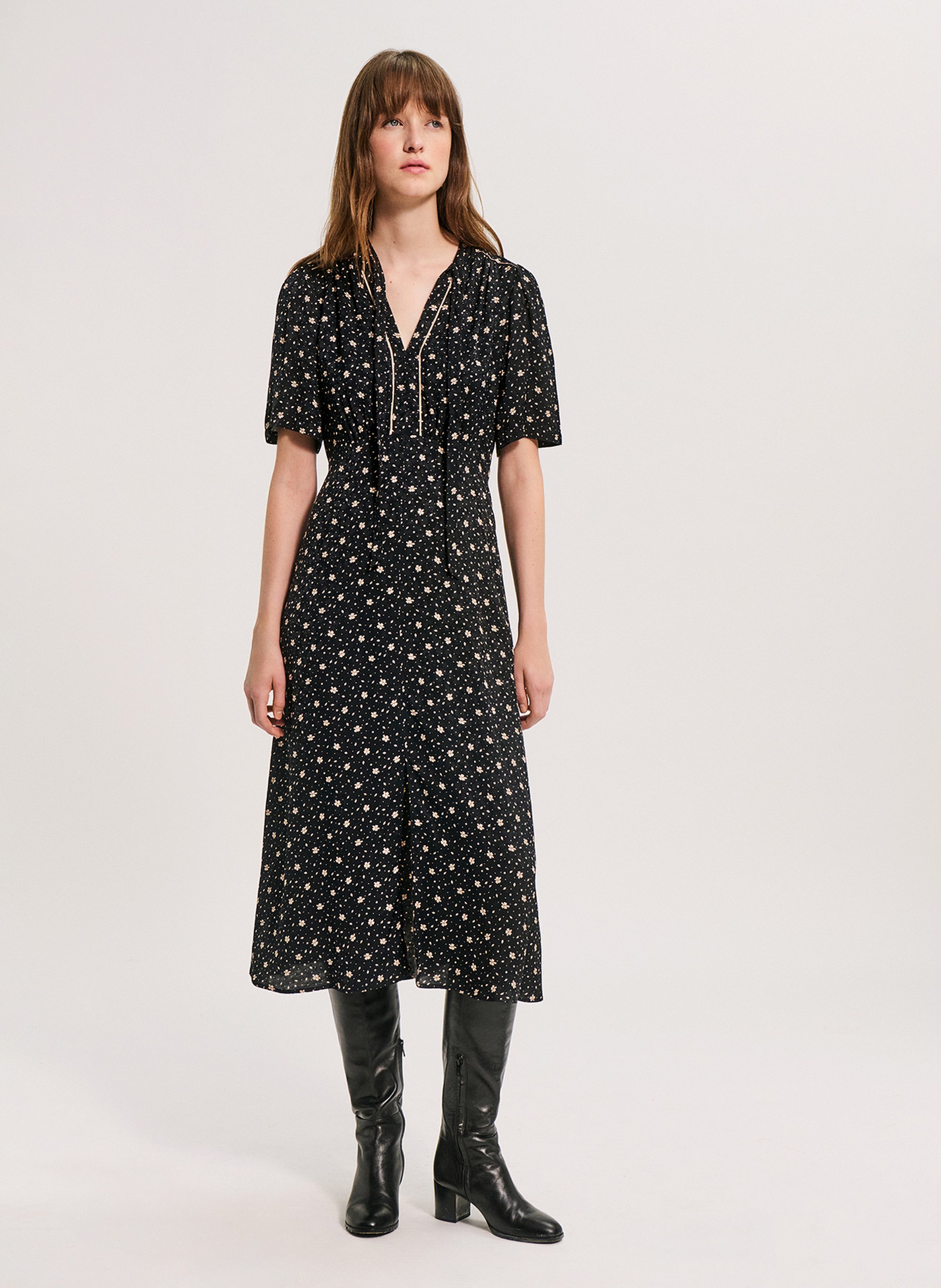 Robe midi col lavallière à motif fleuri PABLO Noir