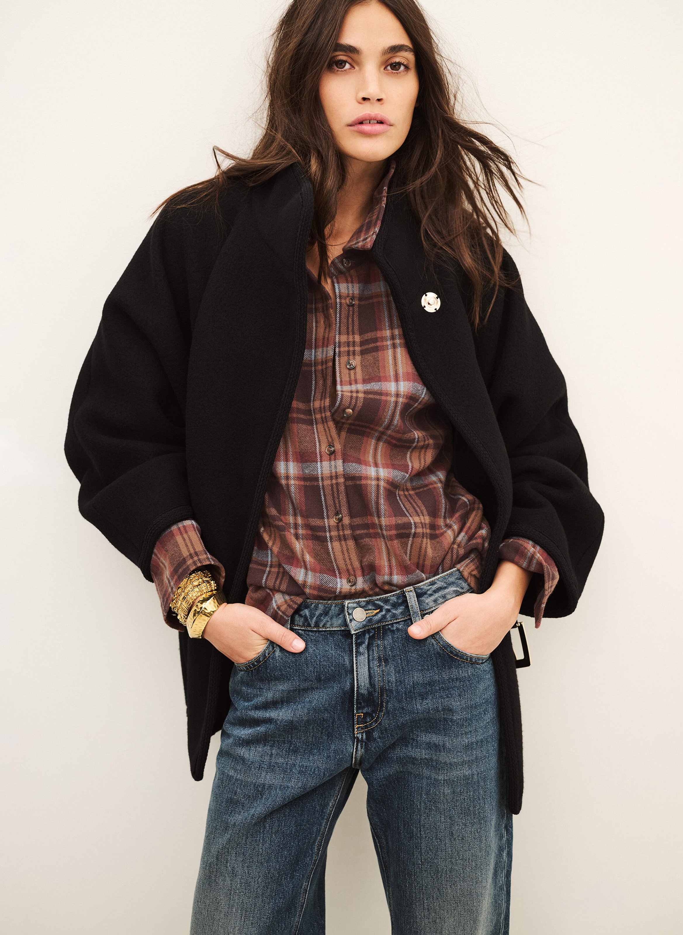Manteau col montant ceinturé en laine mélangée BA&SH Noir