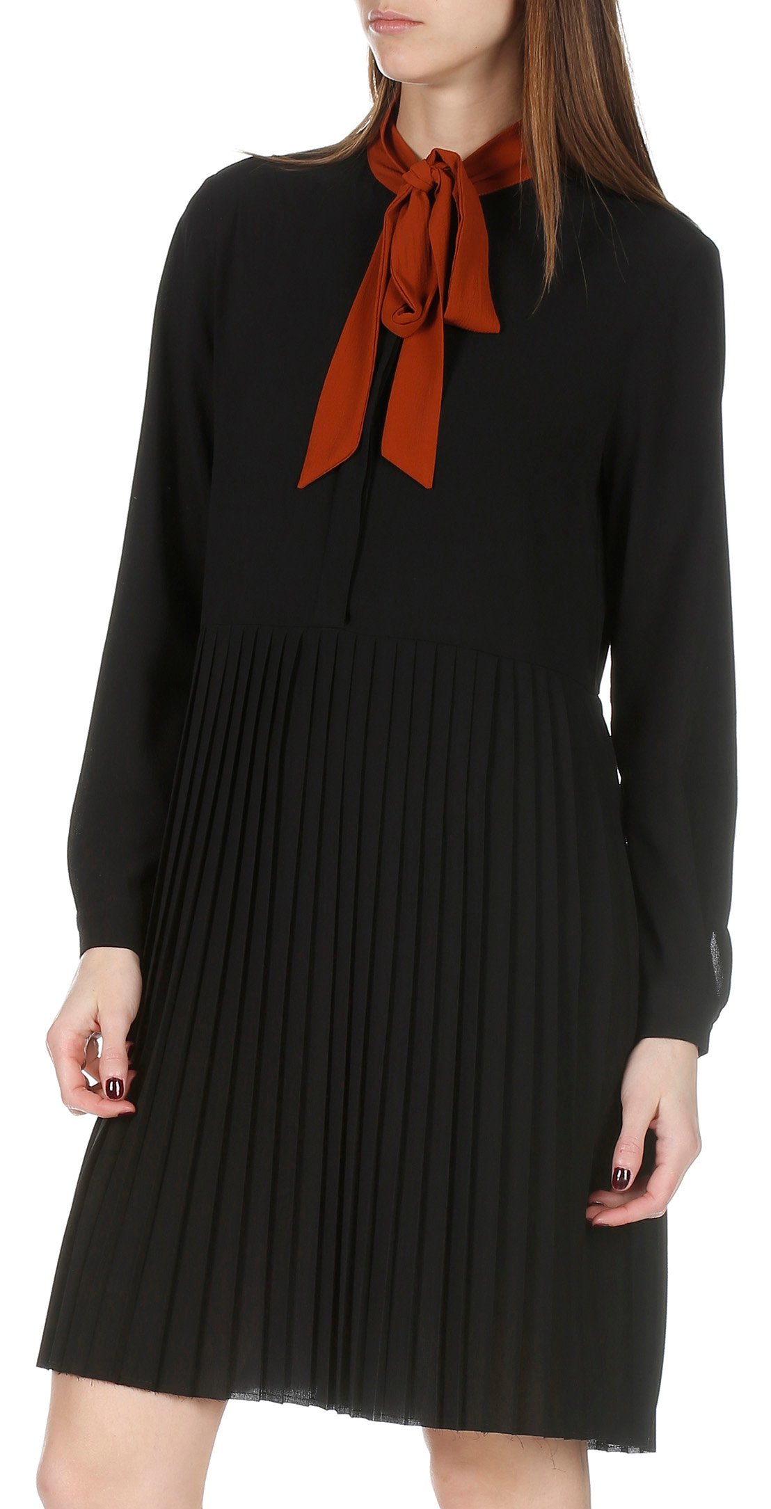 Crepe dress with pussy-bow collar and narrow pleats  ATTIC AND BARN Black