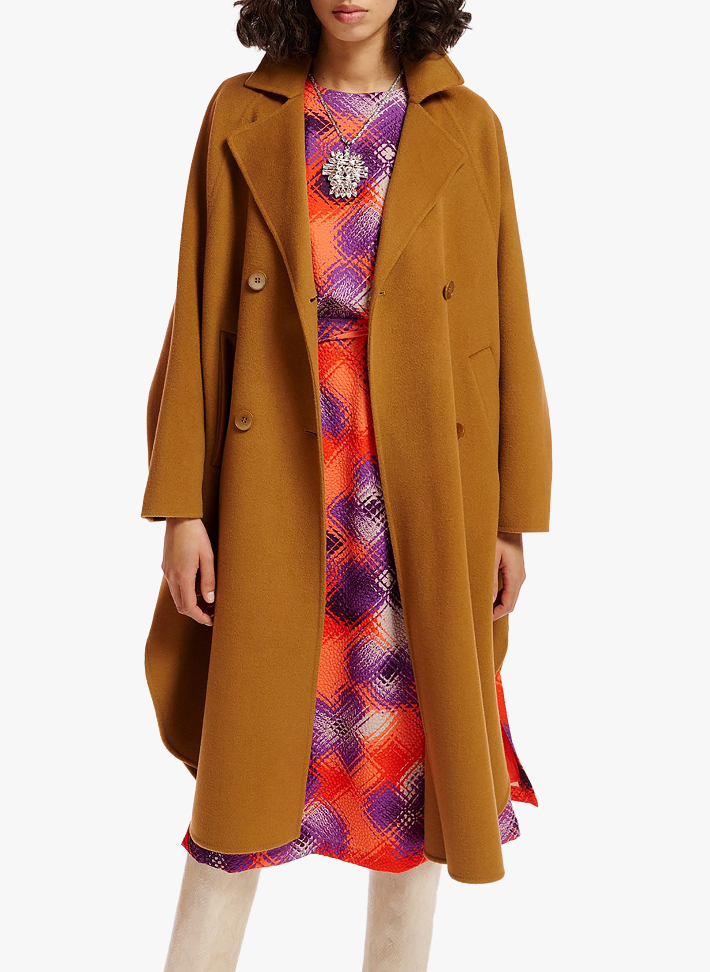 Brown Long coat with classic neckline in wool