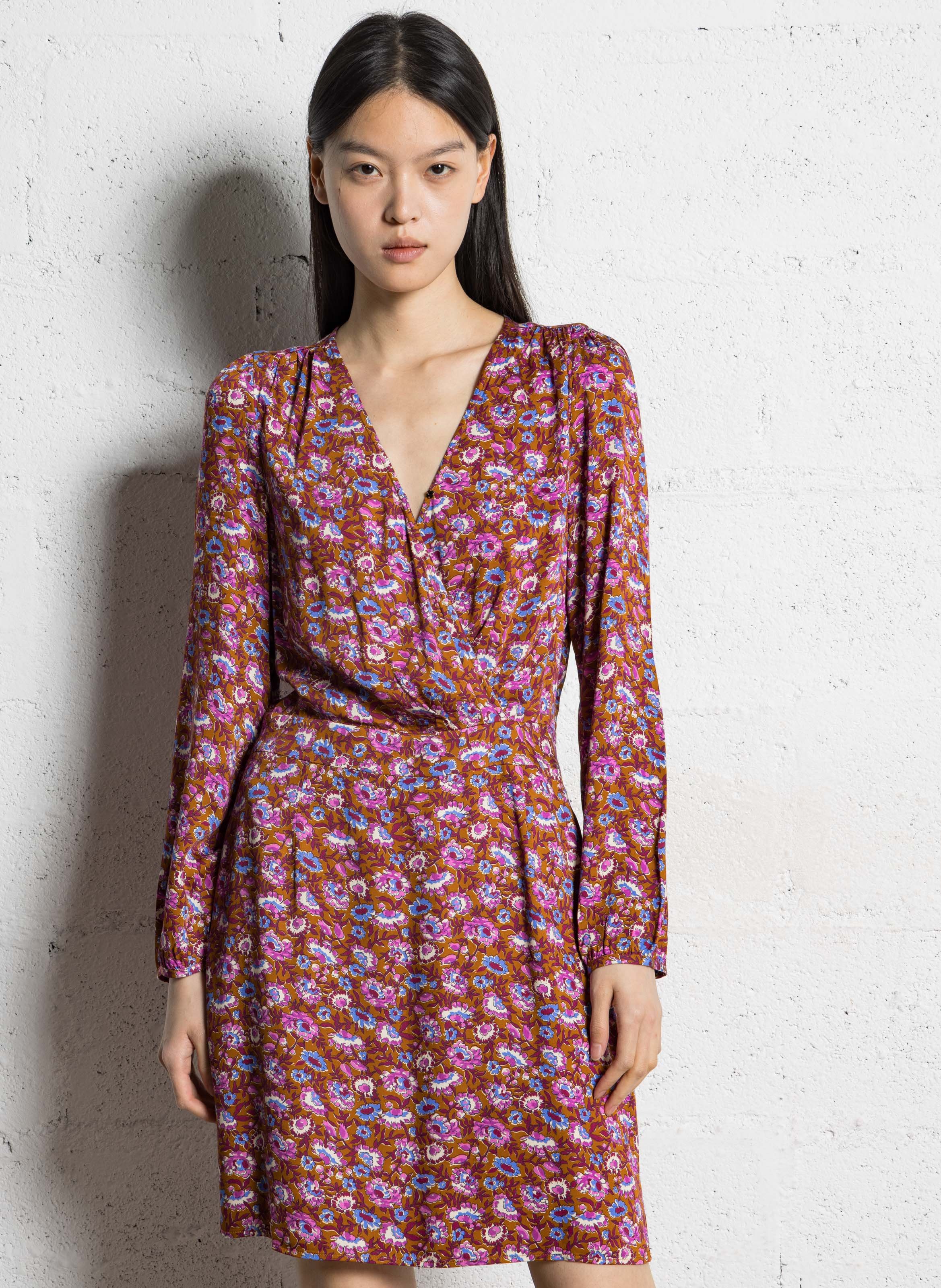 Robe courte col v à imprimé fleuri I CODE Marron