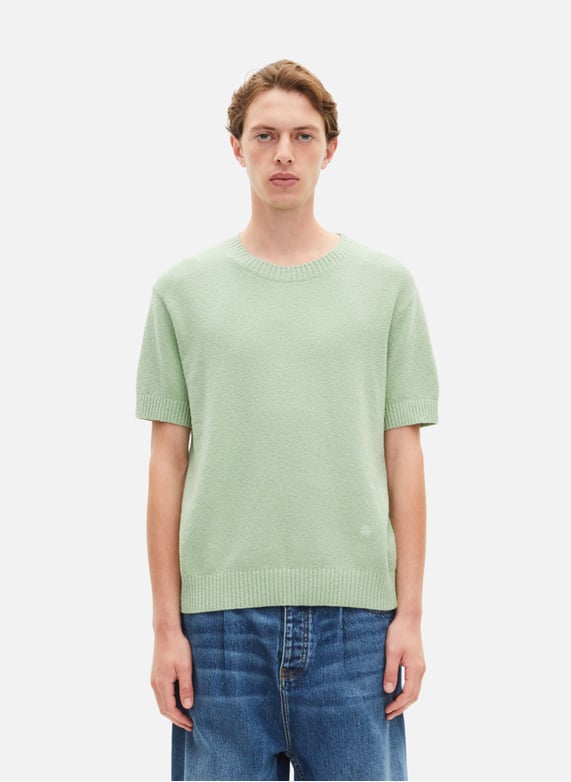 Pull manches courtes en maille fantaisie à boutons femme vert Pull manches courtes en maille fantaisie à boutons femme vert