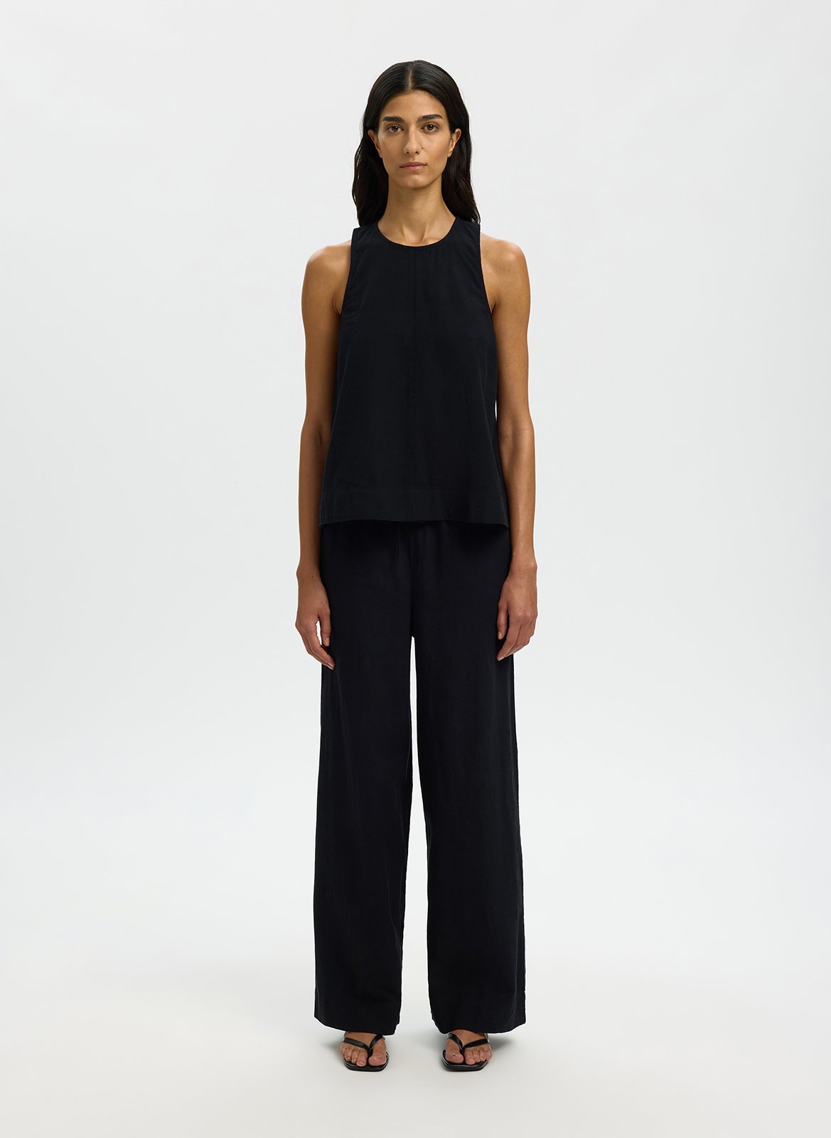 Round-neck top in blended linen and organic cotton SELECTED Black