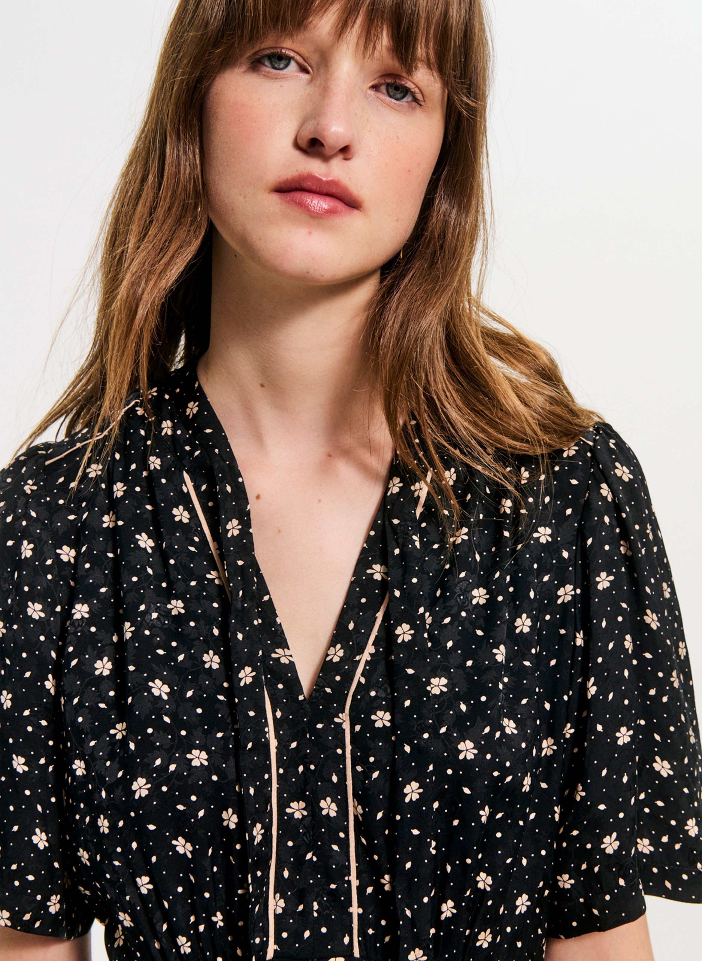 Robe midi col lavallière à motif fleuri PABLO Noir