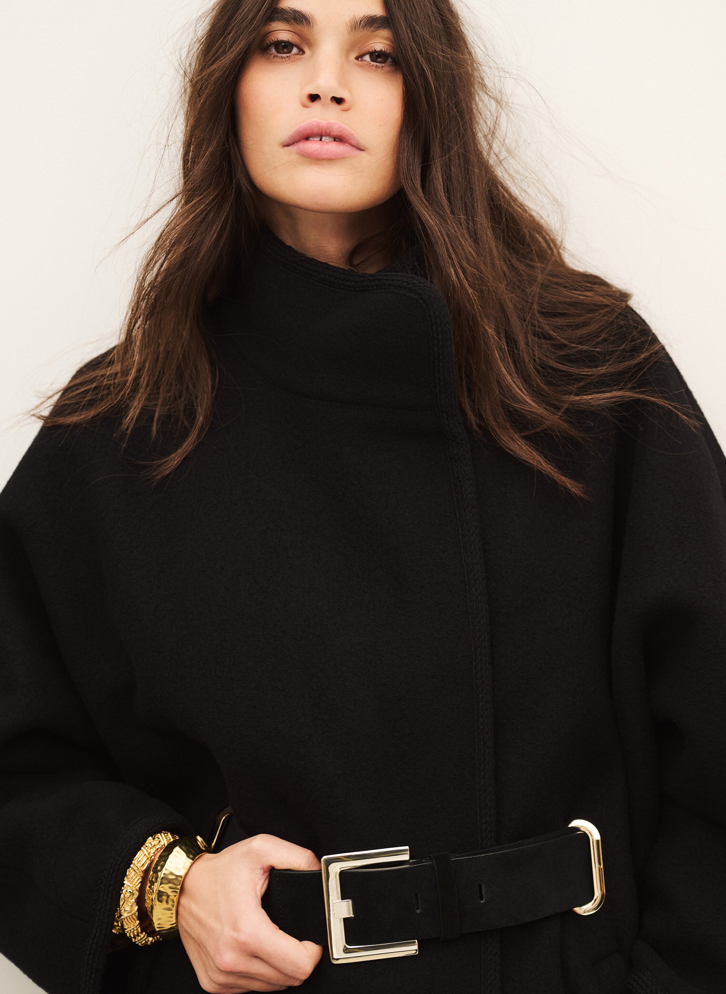 Manteau col montant ceinturé en laine mélangée BA&SH Noir
