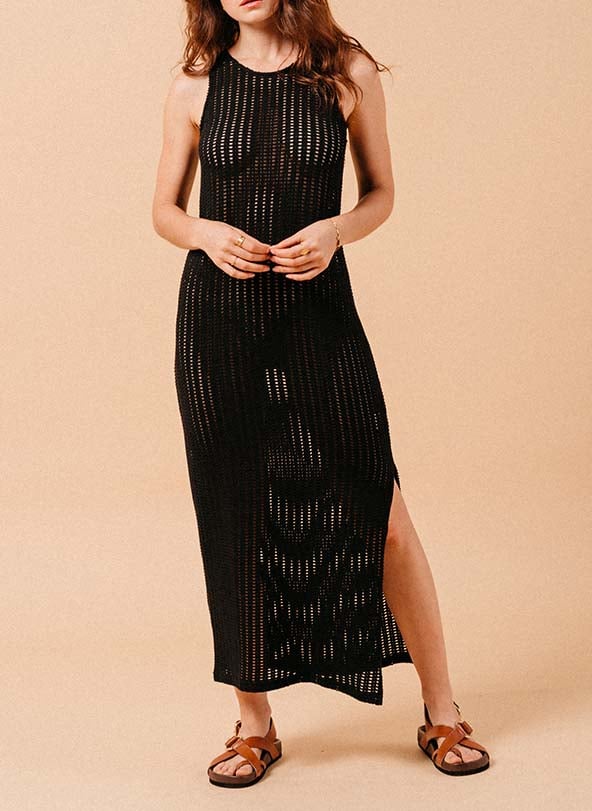 Straight cut openwork crochet-style dress in stretch cotton GRACE ET MILA Black