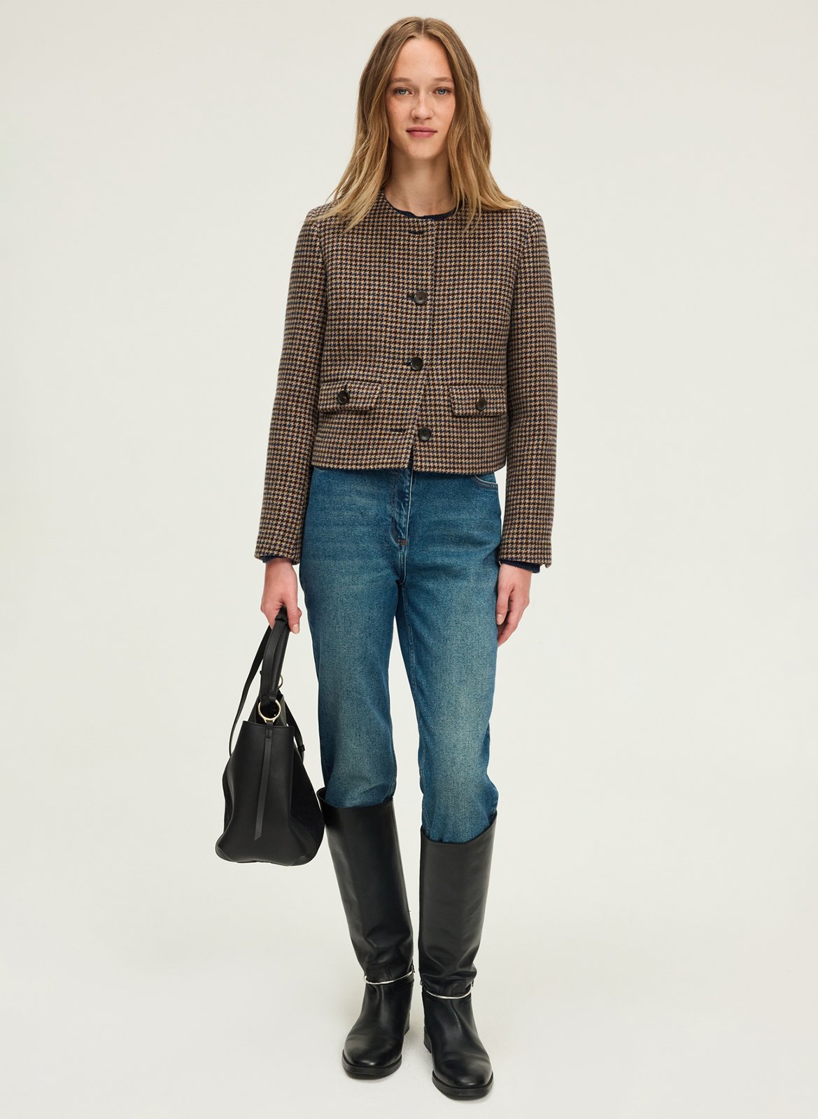 Veste col rond pied de coq en laine PABLO Beige