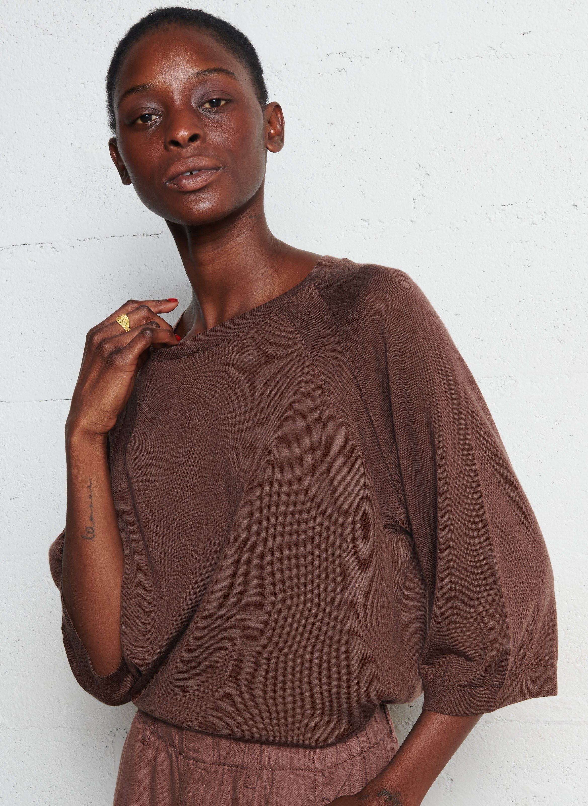 Round neck T-shirt in blended wool and silk MAISON 123 Brown