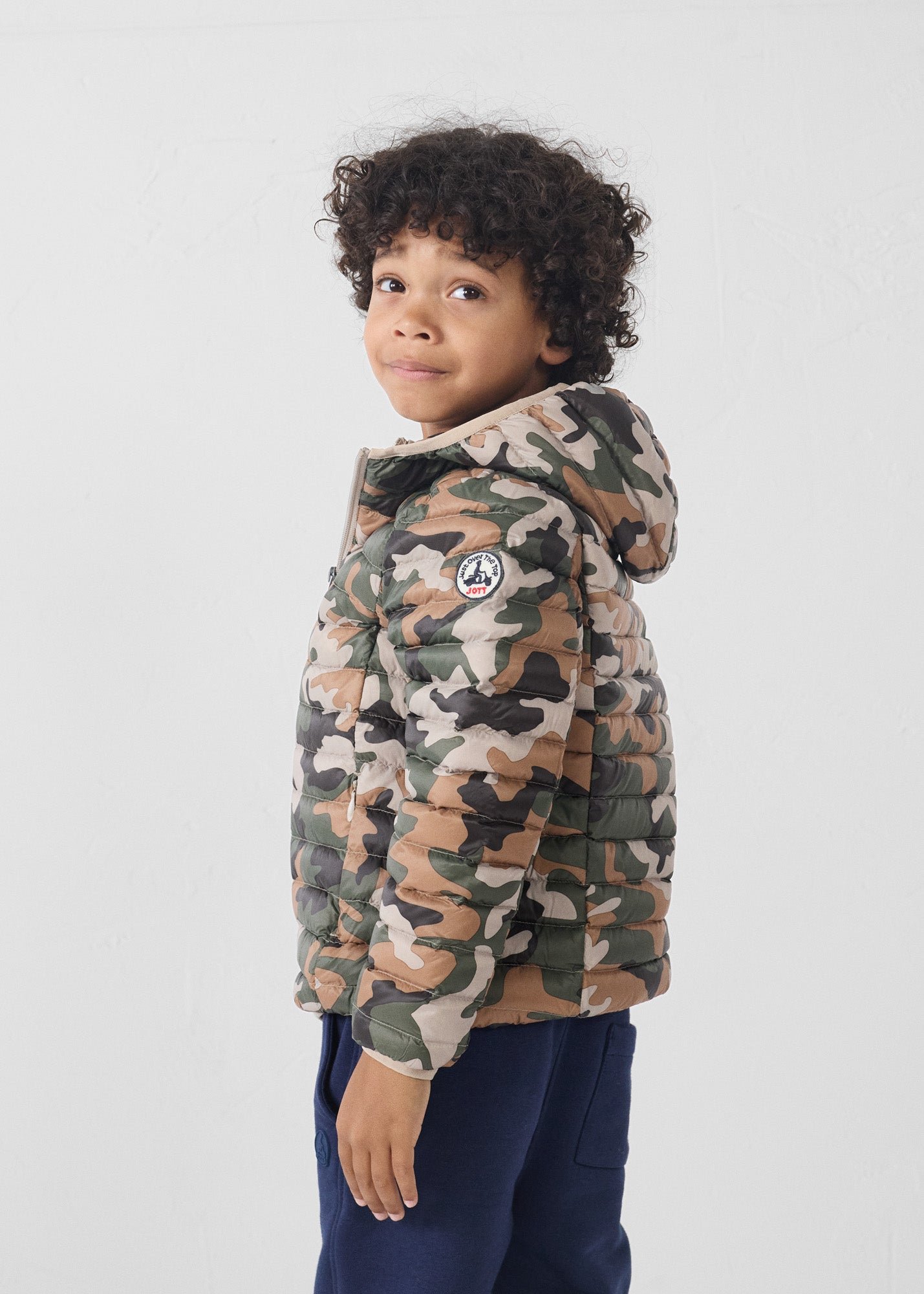 Light hooded down jacket for children hugo print JOTT Brown