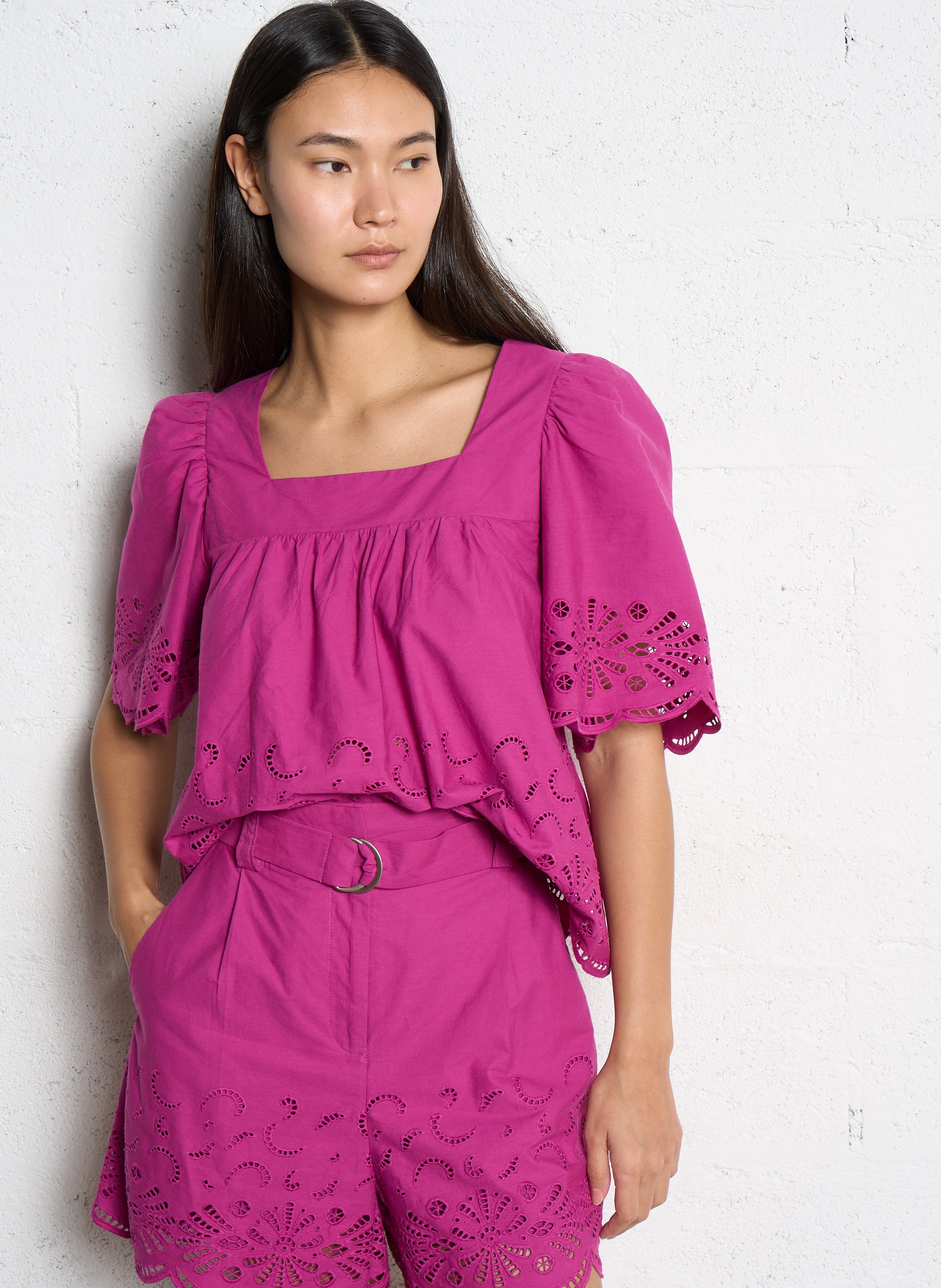 Blouse ample à dentelle unie SUNCOO Rose