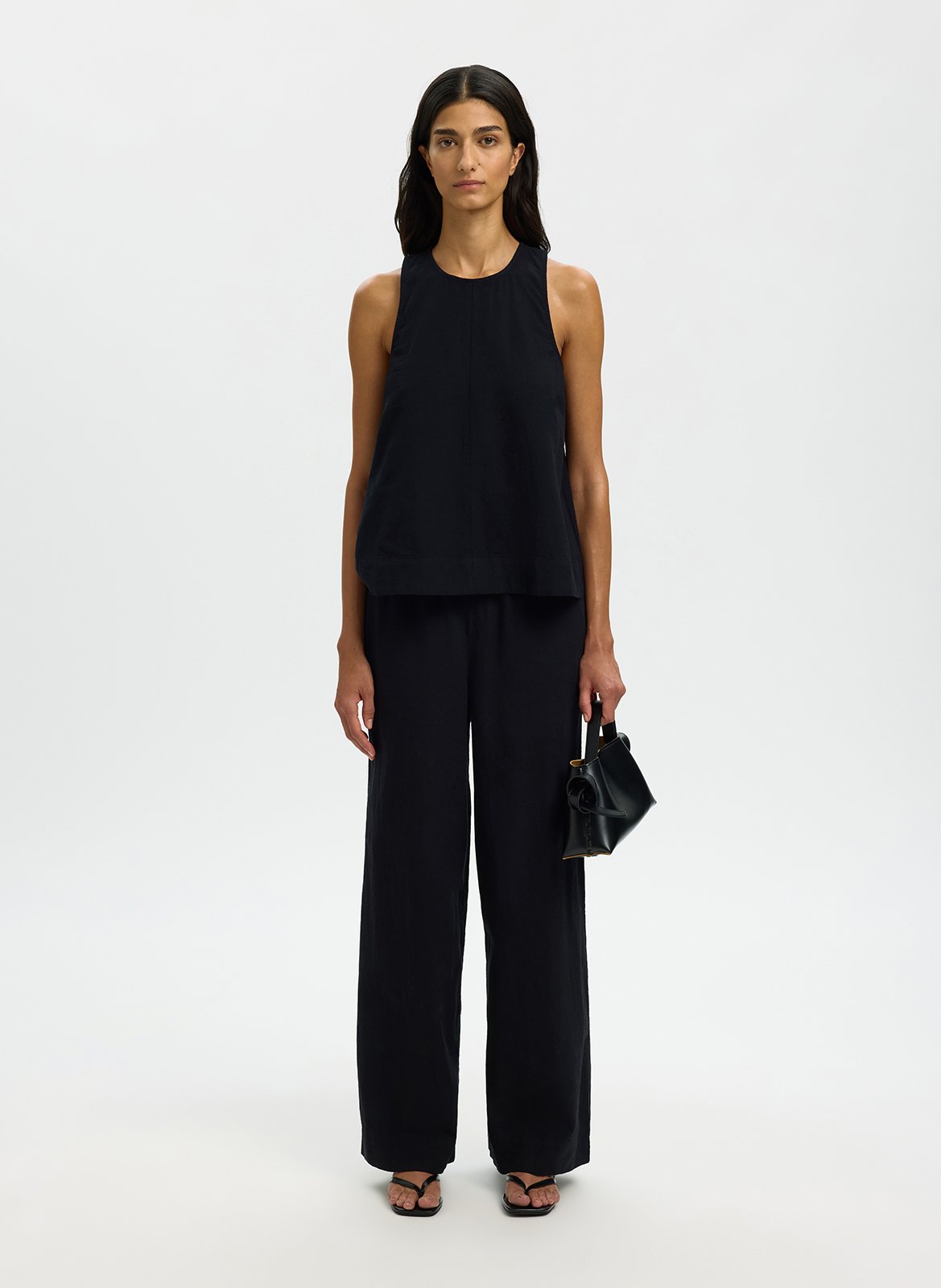 Round-neck top in blended linen and organic cotton SELECTED Black