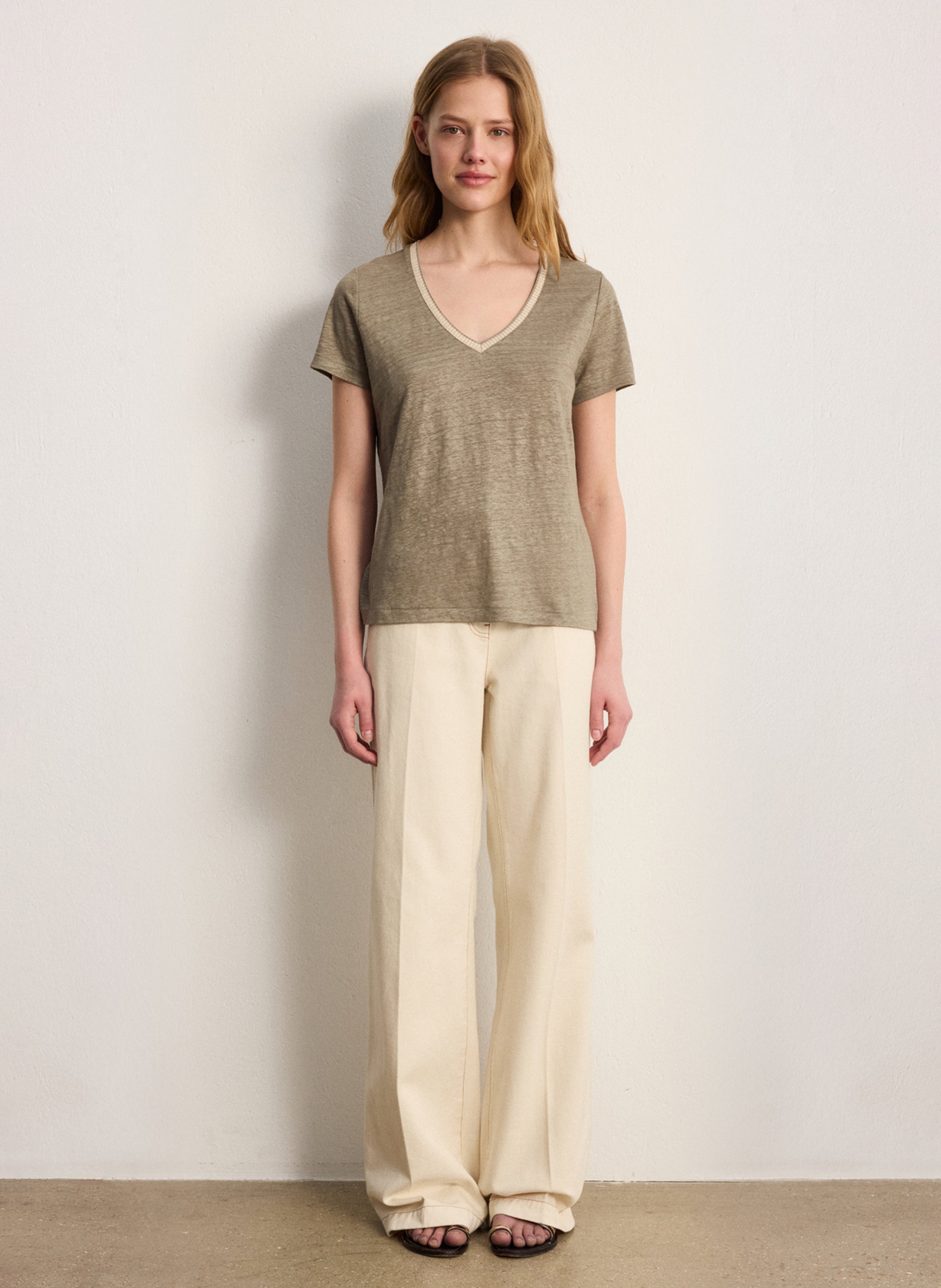 Tee-shirt droit col V en lin PABLO Kaki