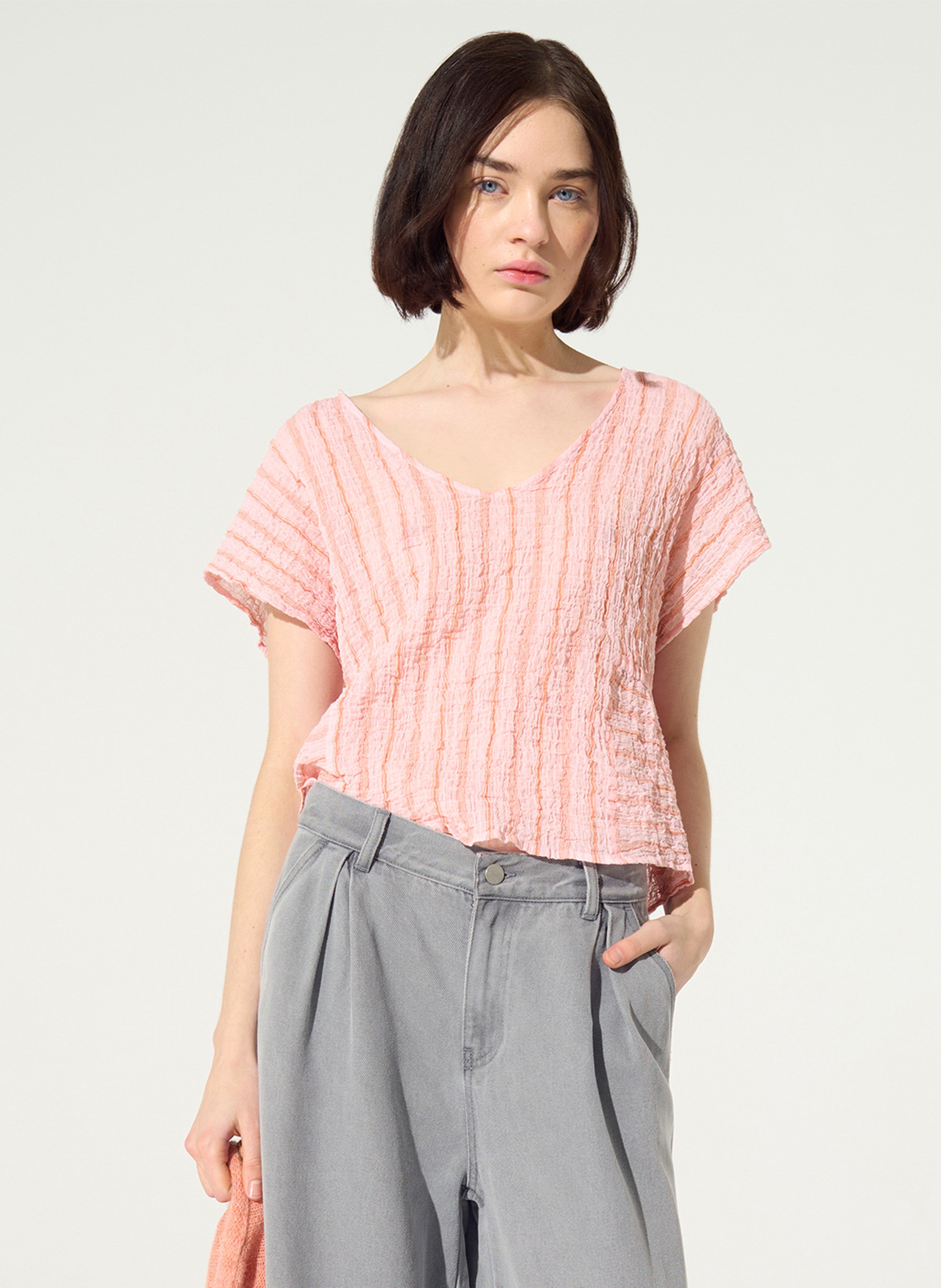 Top col v imprimé en coton COTELAC ACOTE Rose