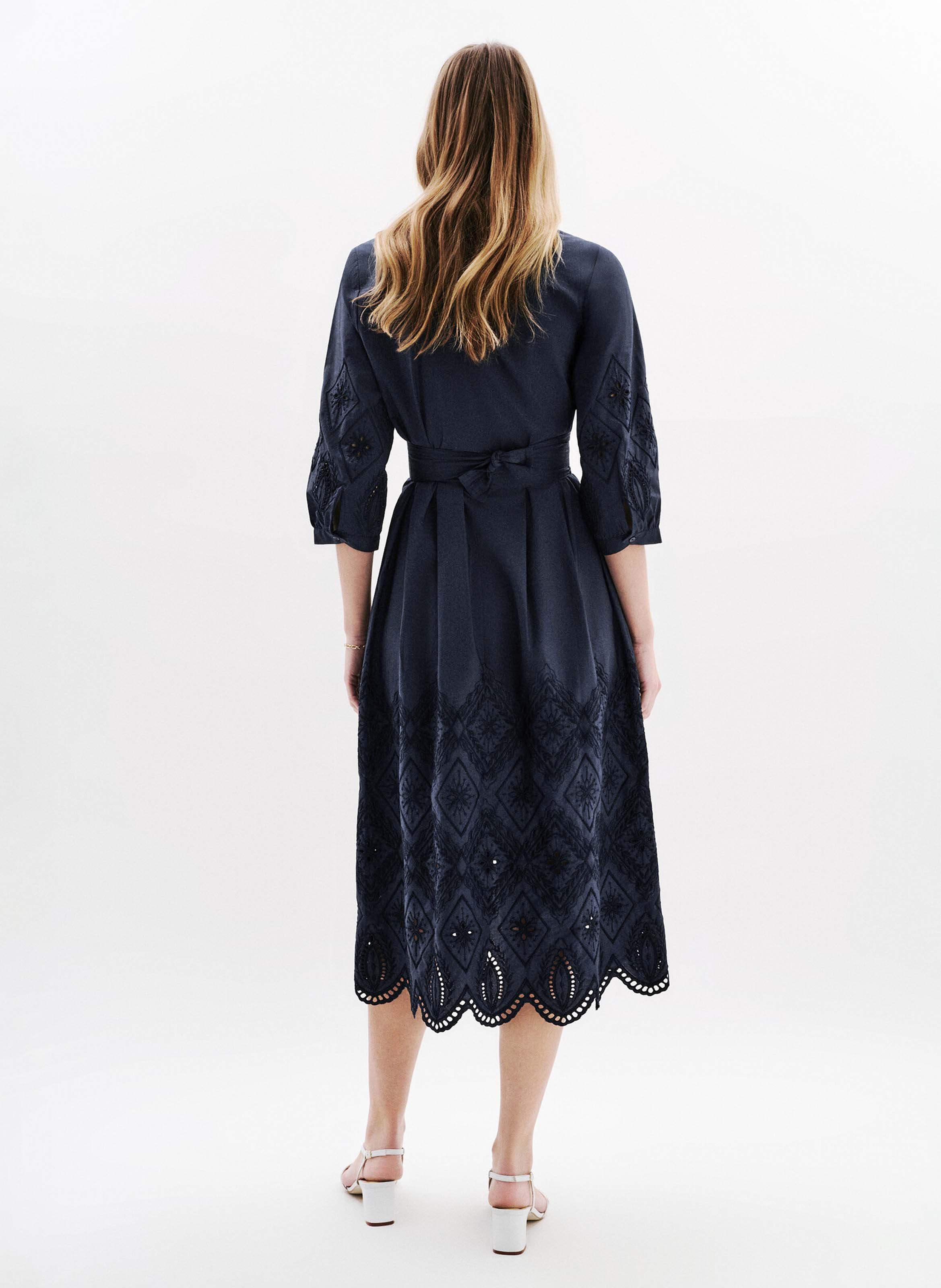 Long dress with classic collar in embroidered cotton CAROLL Blue