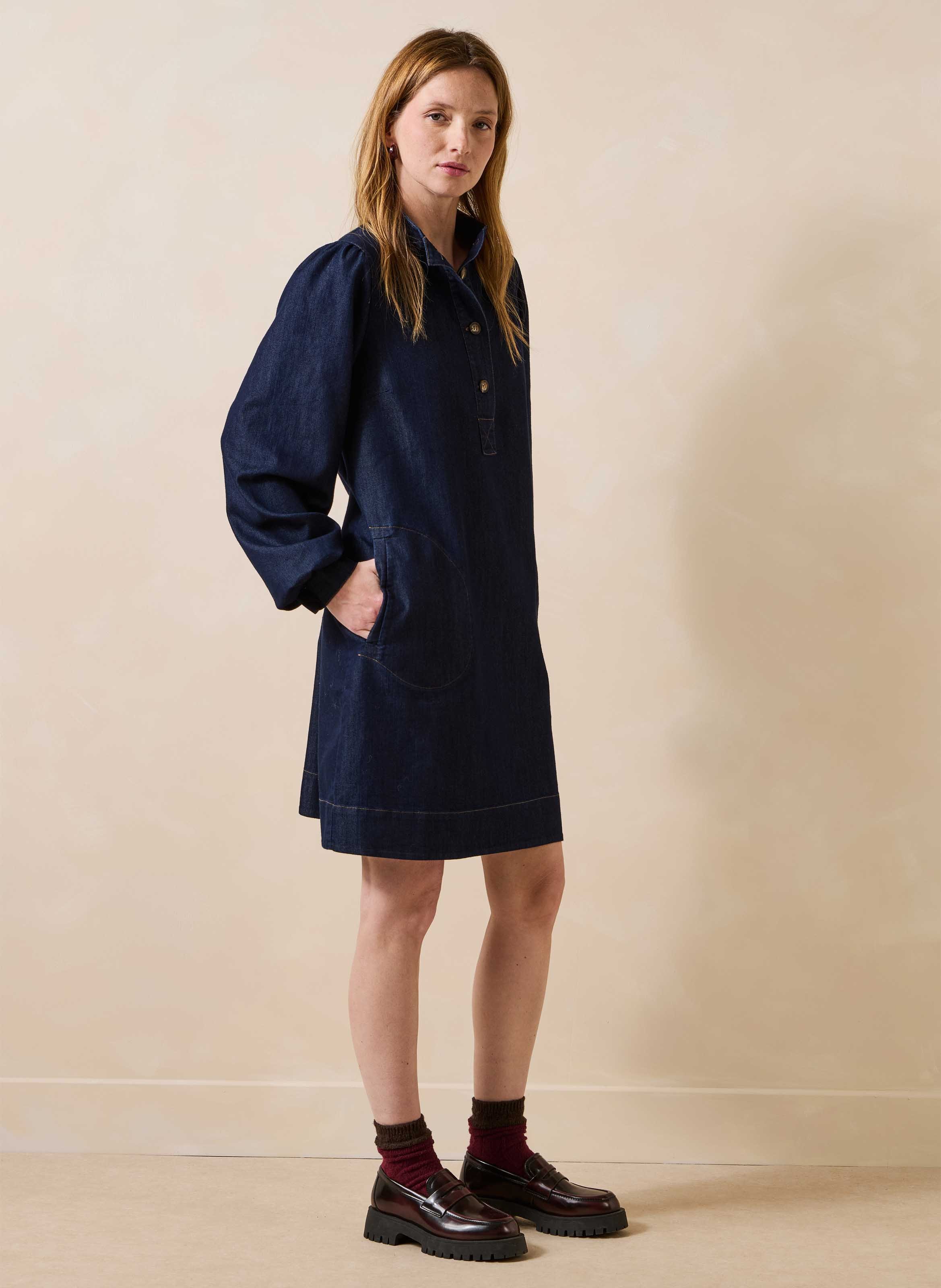 Robe denim ample courte en coton mélangé LA FEE MARABOUTEE Bleu