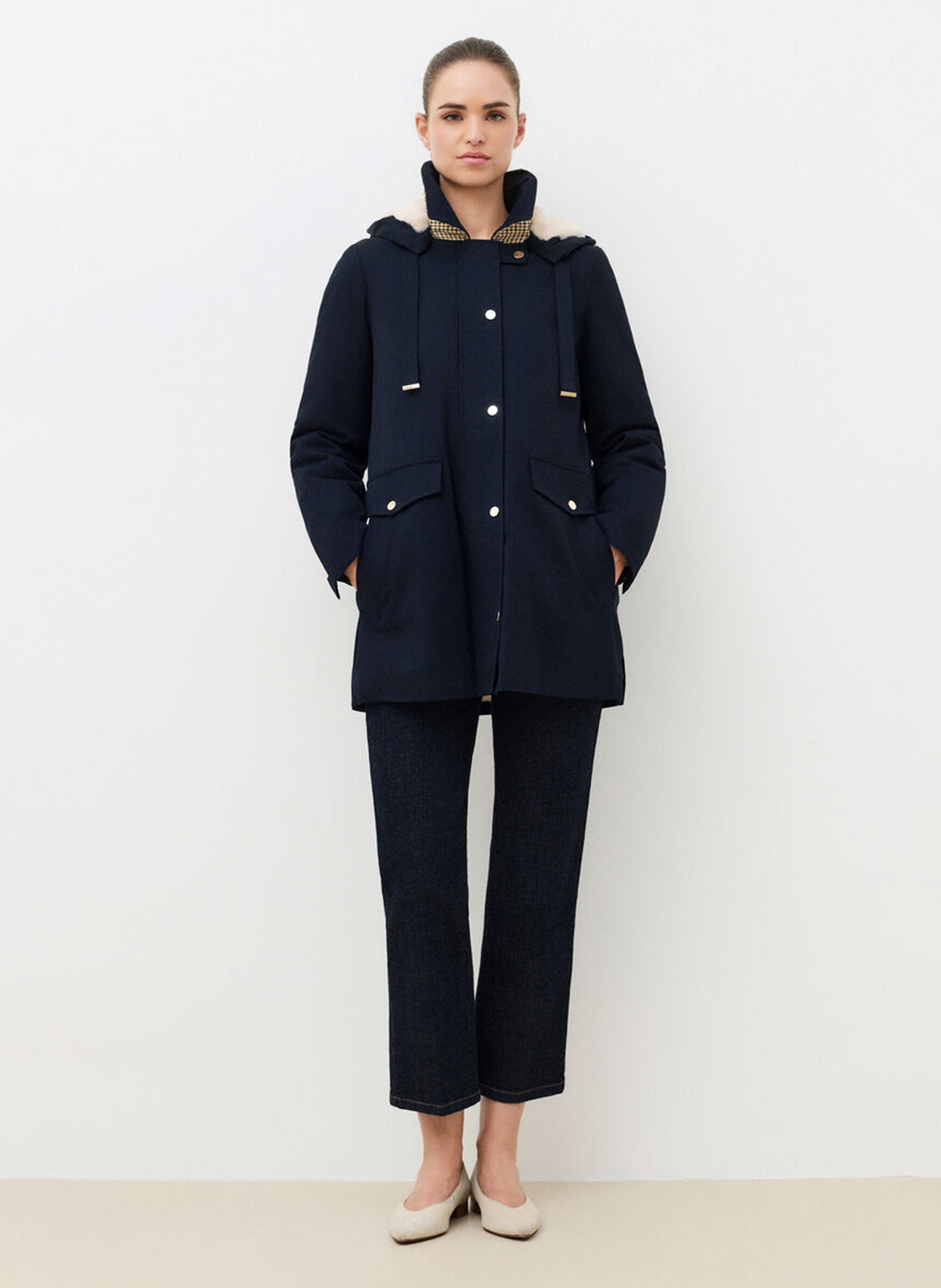 Manteau droit à capuche en coton CAROLL Bleu