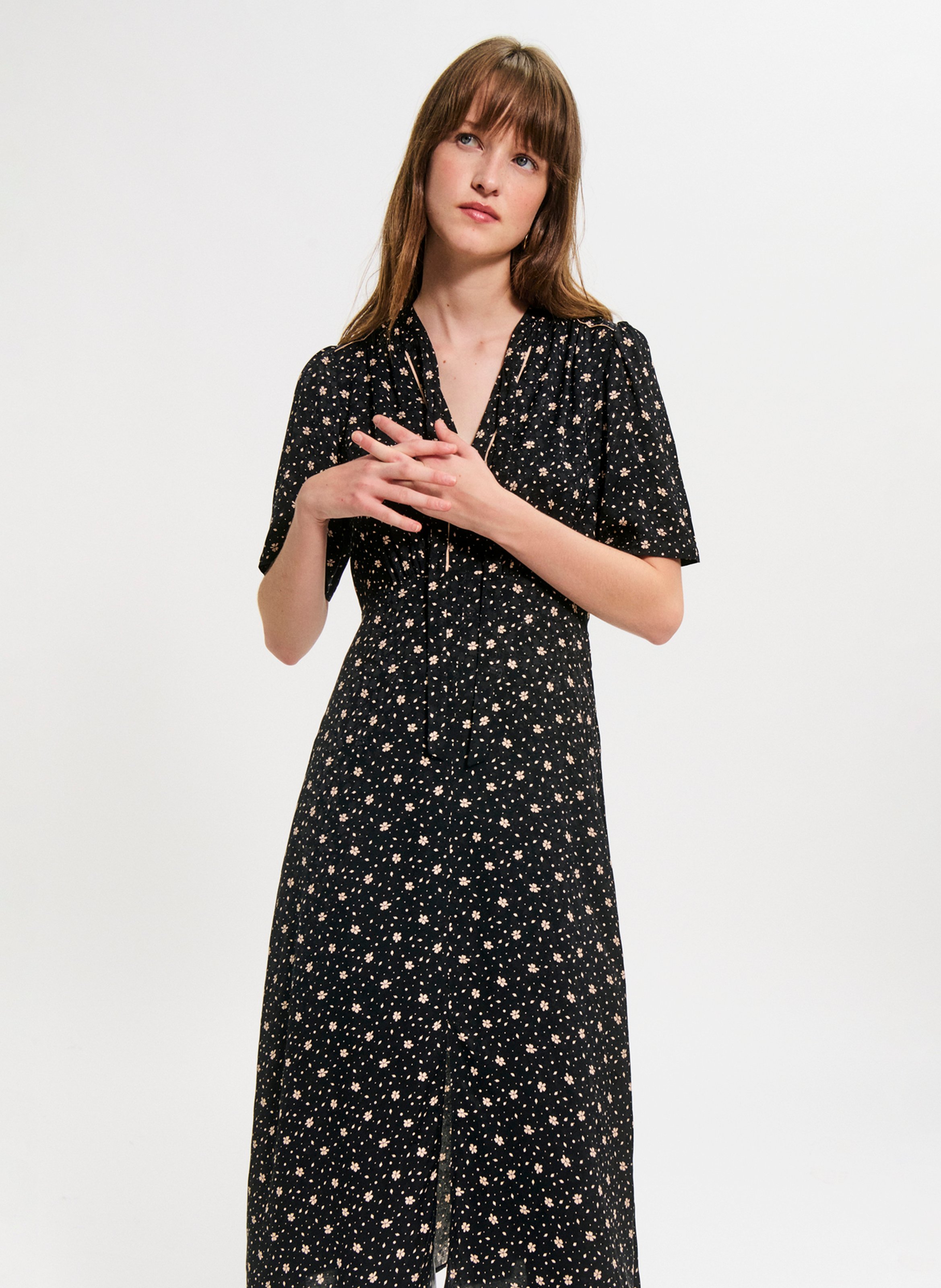 Robe midi col lavallière à motif fleuri PABLO Noir