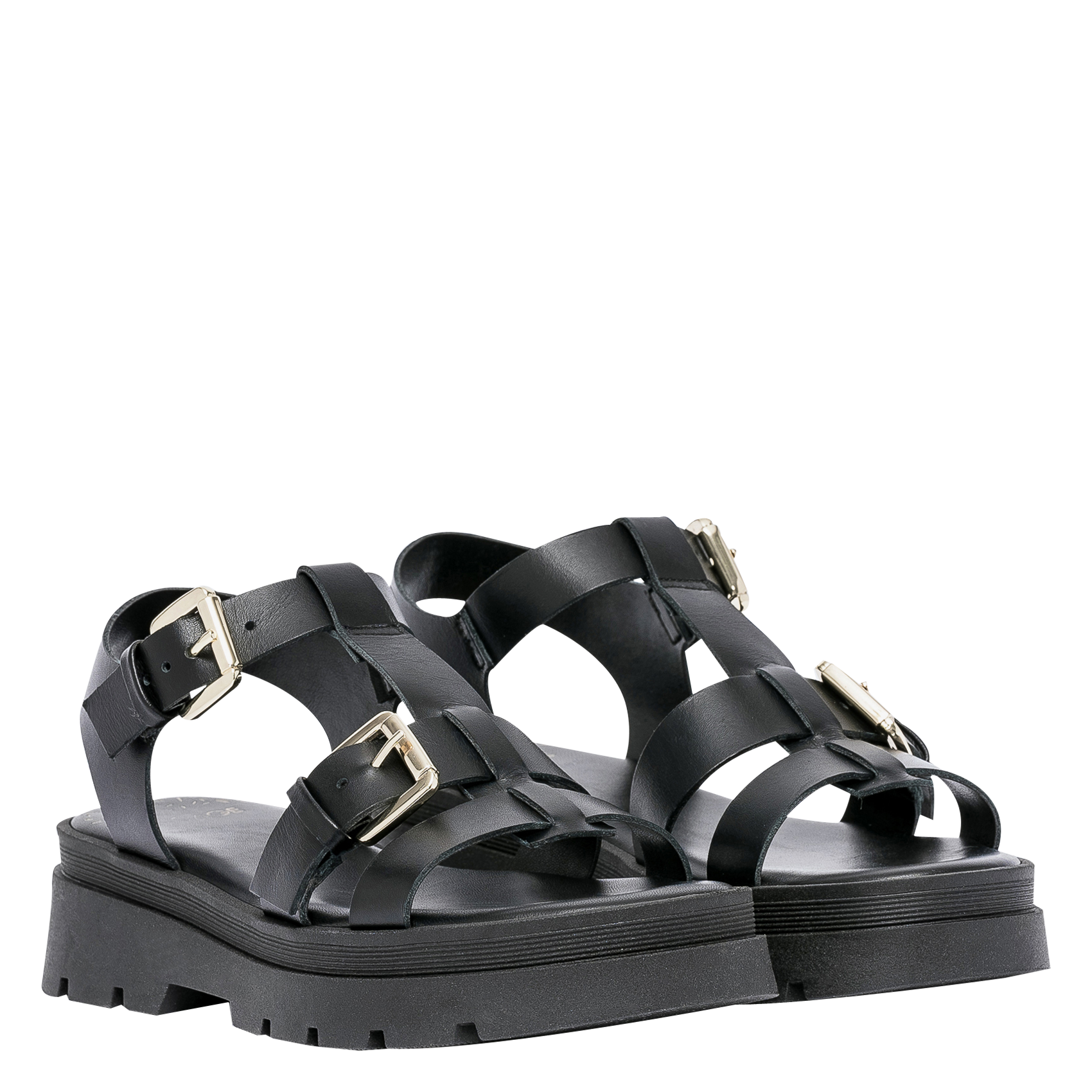 Flache Ledersandalen mit dicker Profilsohle BOCAGE Schwarz