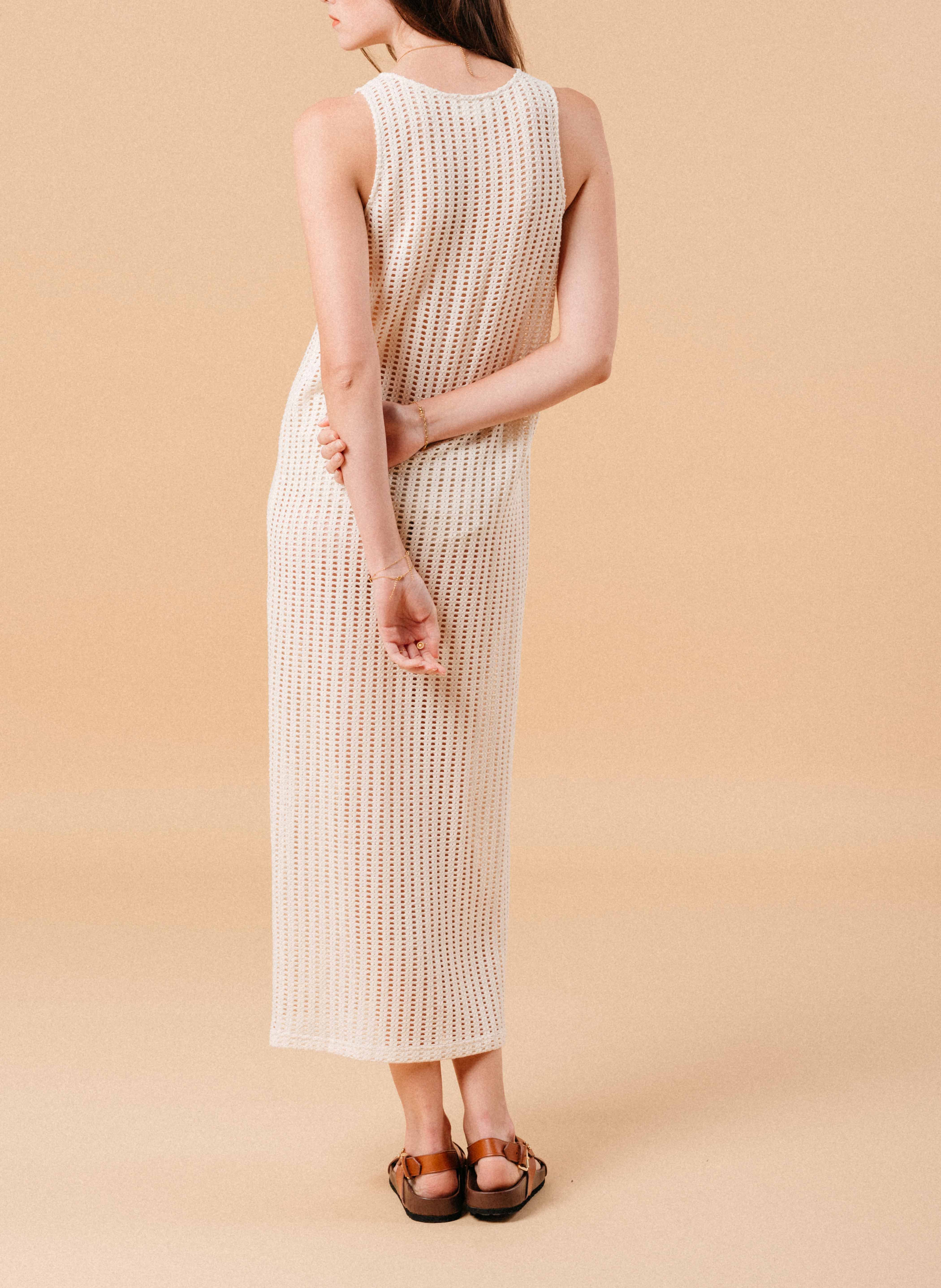 Robe droite ajourée aspect crocheté en coton stretch Beige