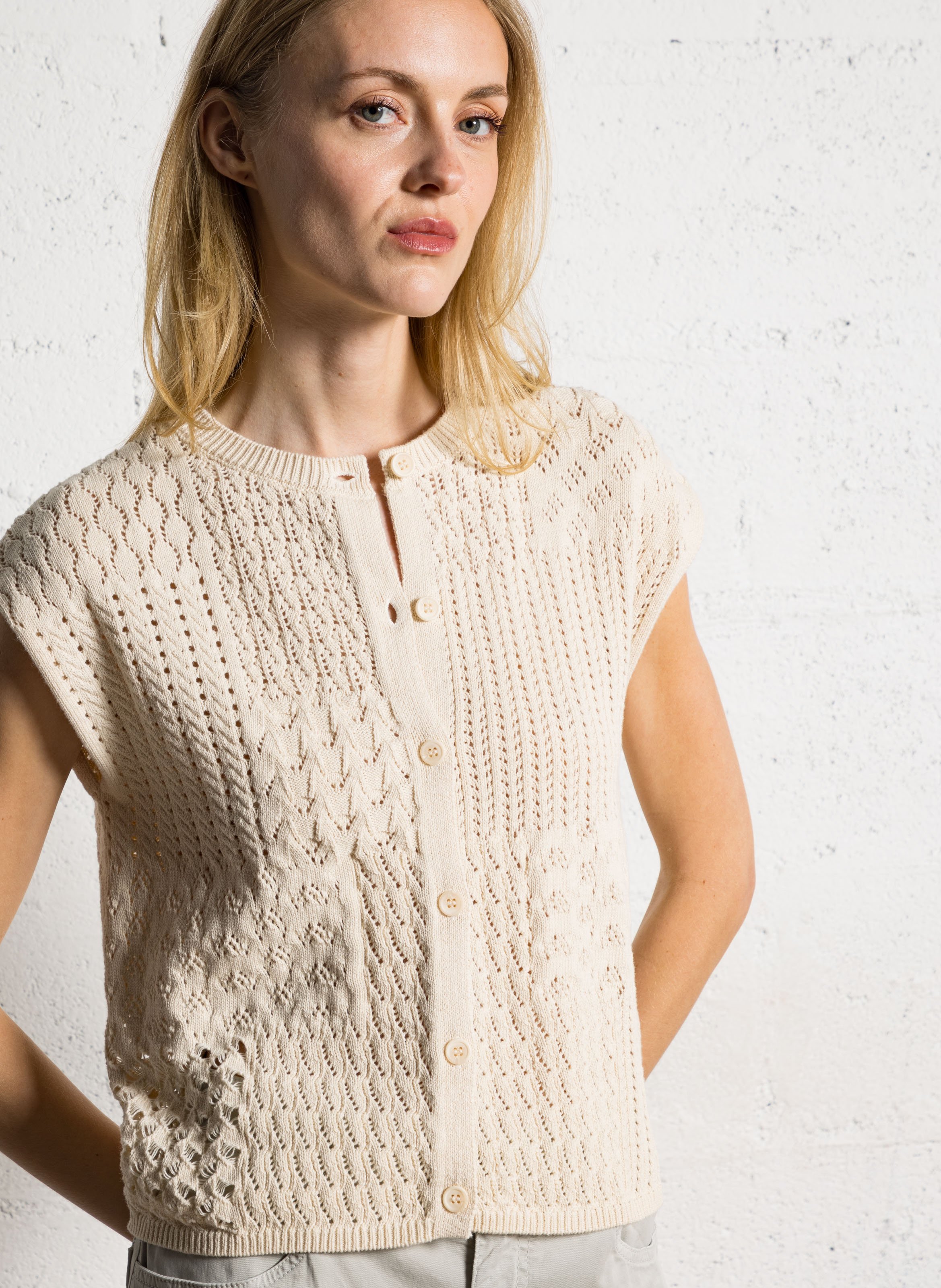 Straight round-neck cotton cardigan SUD EXPRESS Beige