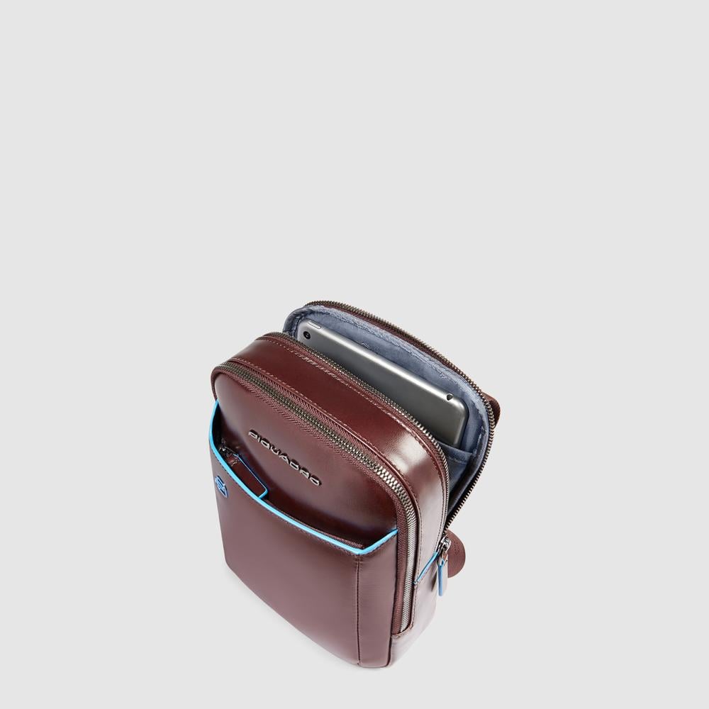 Men's leather shoulder bag for iPad® mini with pocket for AirPods® and RFID protection PIQUADRO Brown